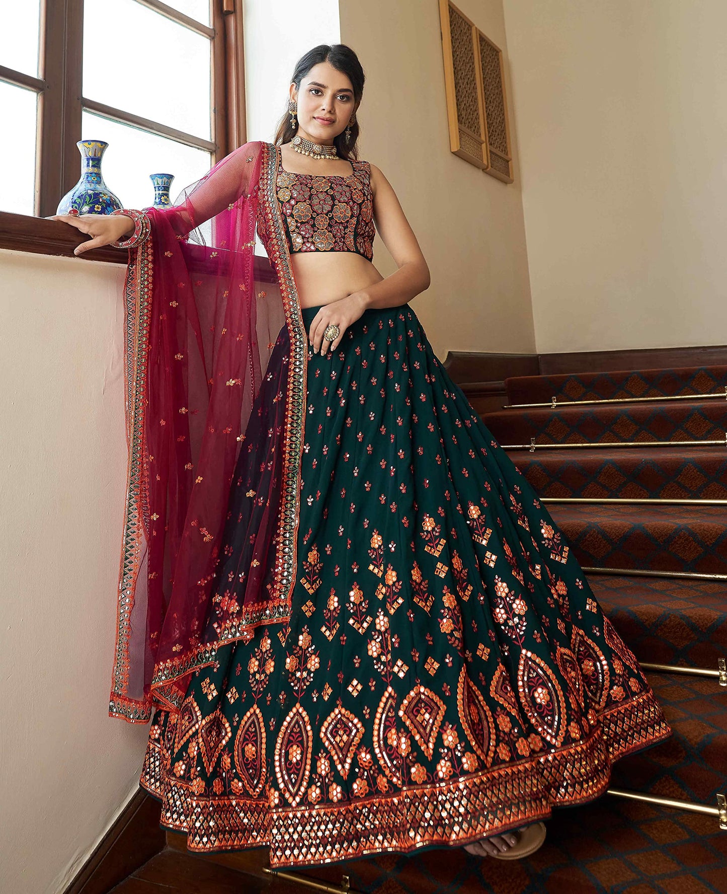 Divine International Trading Co Women's Georgette Embroidered Semi-Stitched Lehenga Choli with Dupatta (1944-Green-Wedding-Girlish-Latest-Lehenga; Free Size)