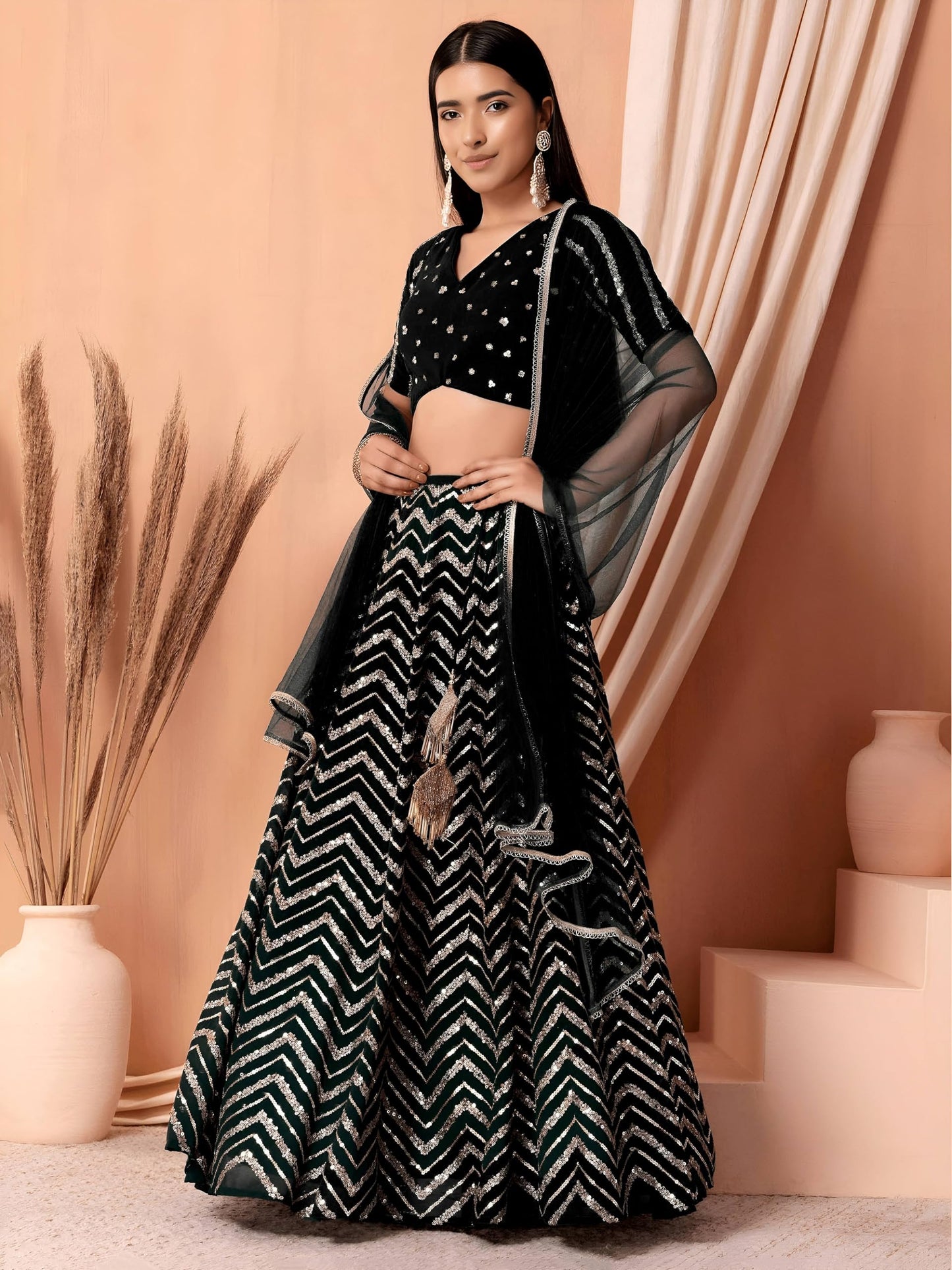 Zeel Clothing Women's Sequins Zari Embroidered Georgette Designer Lehenga Choli with Dupatta (7094-Womens-Lehenga-Choli-Latest; Free Size) (Black)