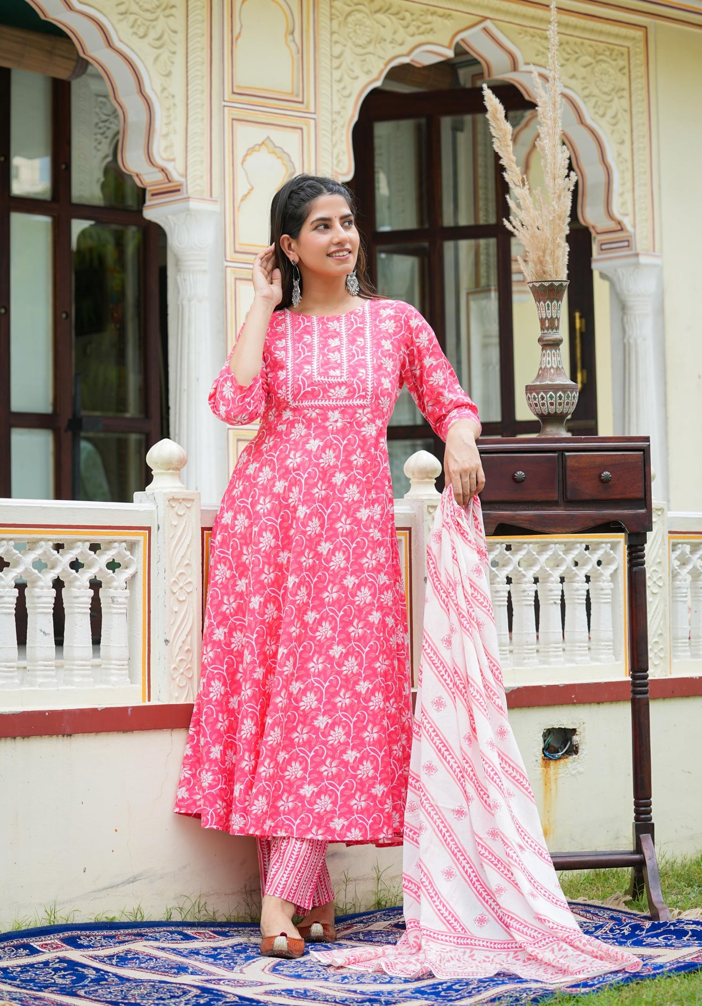 Yash Gallery Women's Cotton Floral Printed Anarkali Kurta with Pants & Dupatta Set (5XL, Pink)