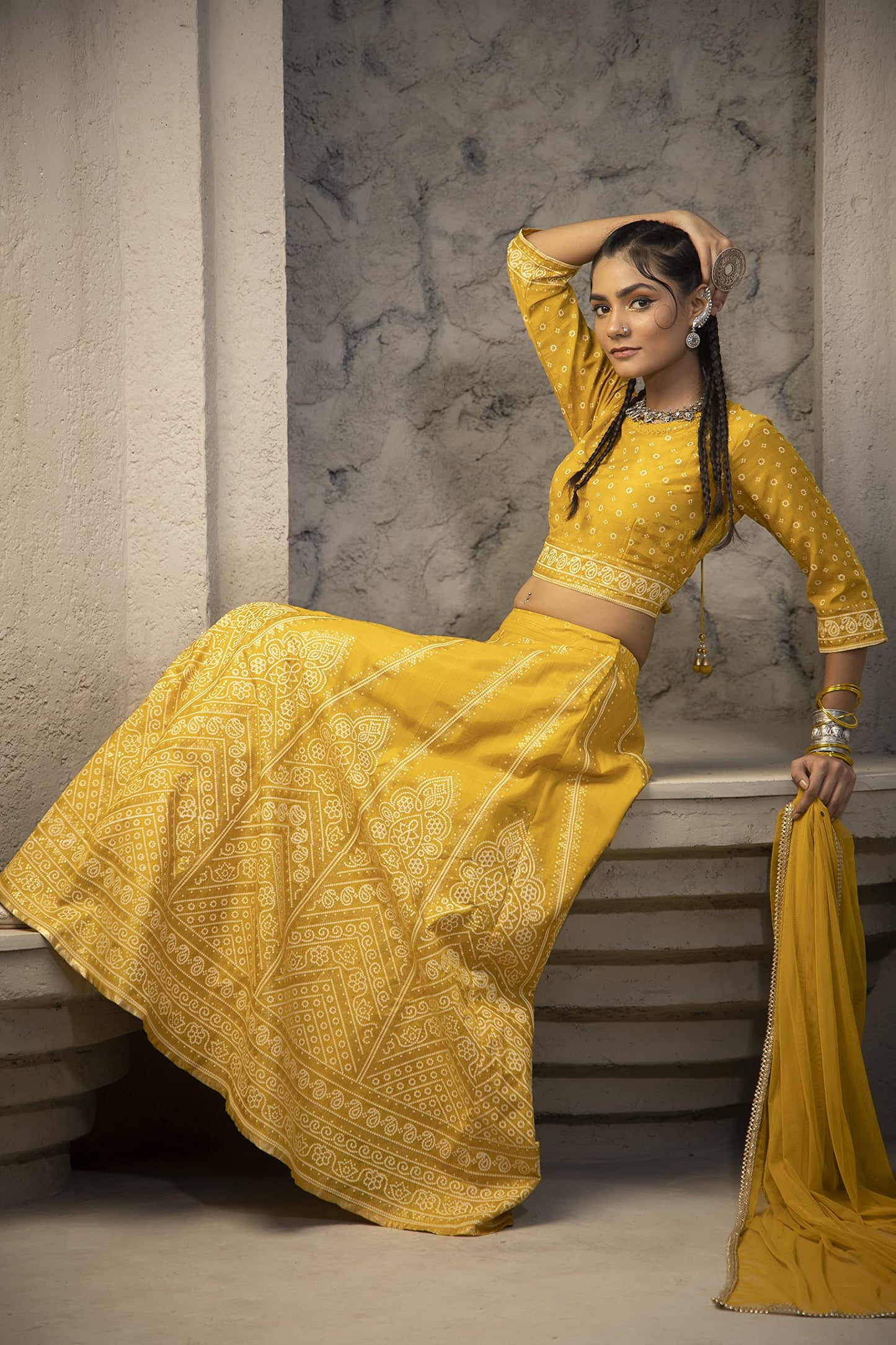 Juniper Women's Mustard Santoon Slub Festive Printed Crop Lehenga Choli Dupatta Set-XXL