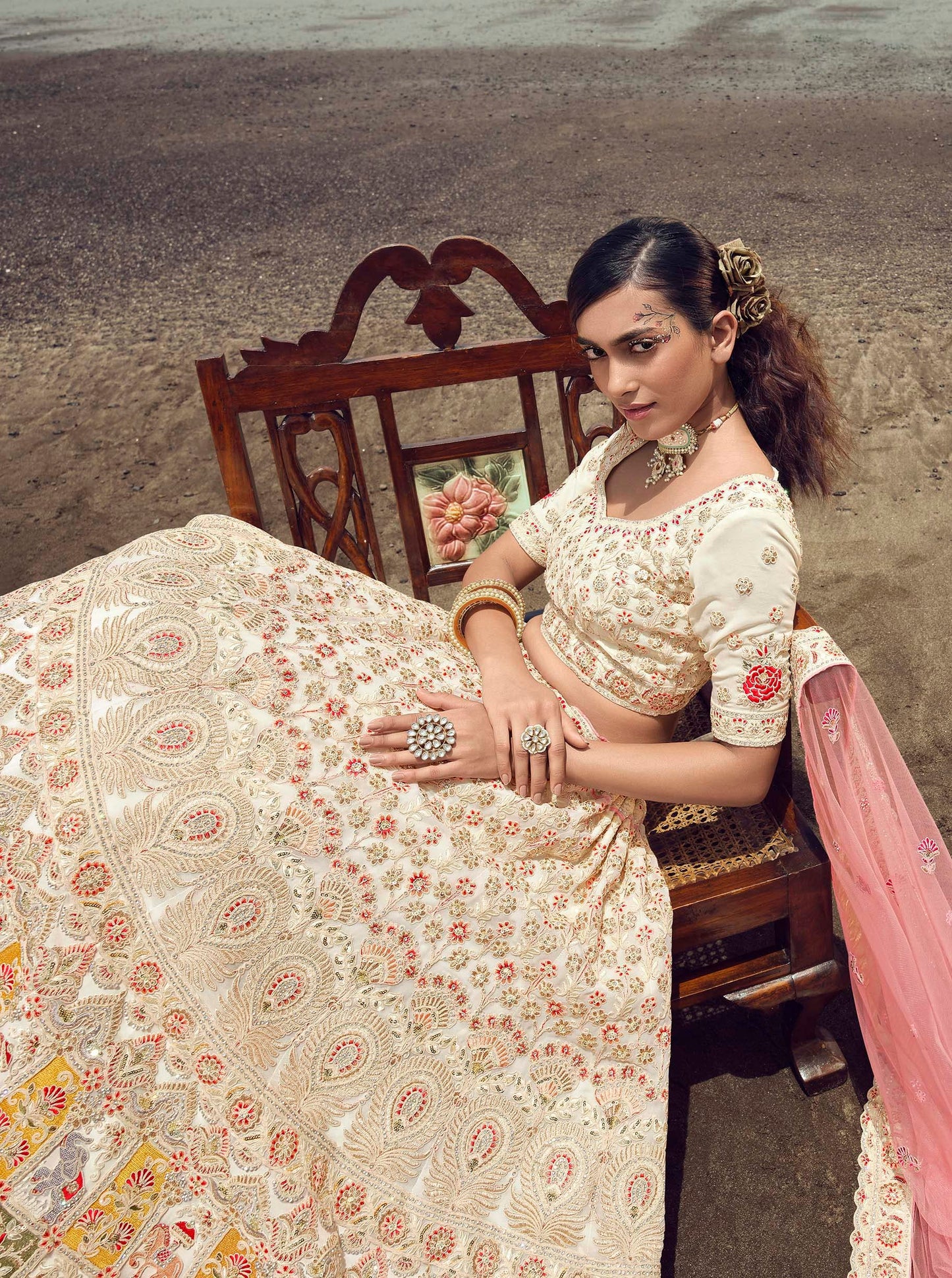 FUSIONIC Alluring White color organza base zarkan work lehenga choli For Women