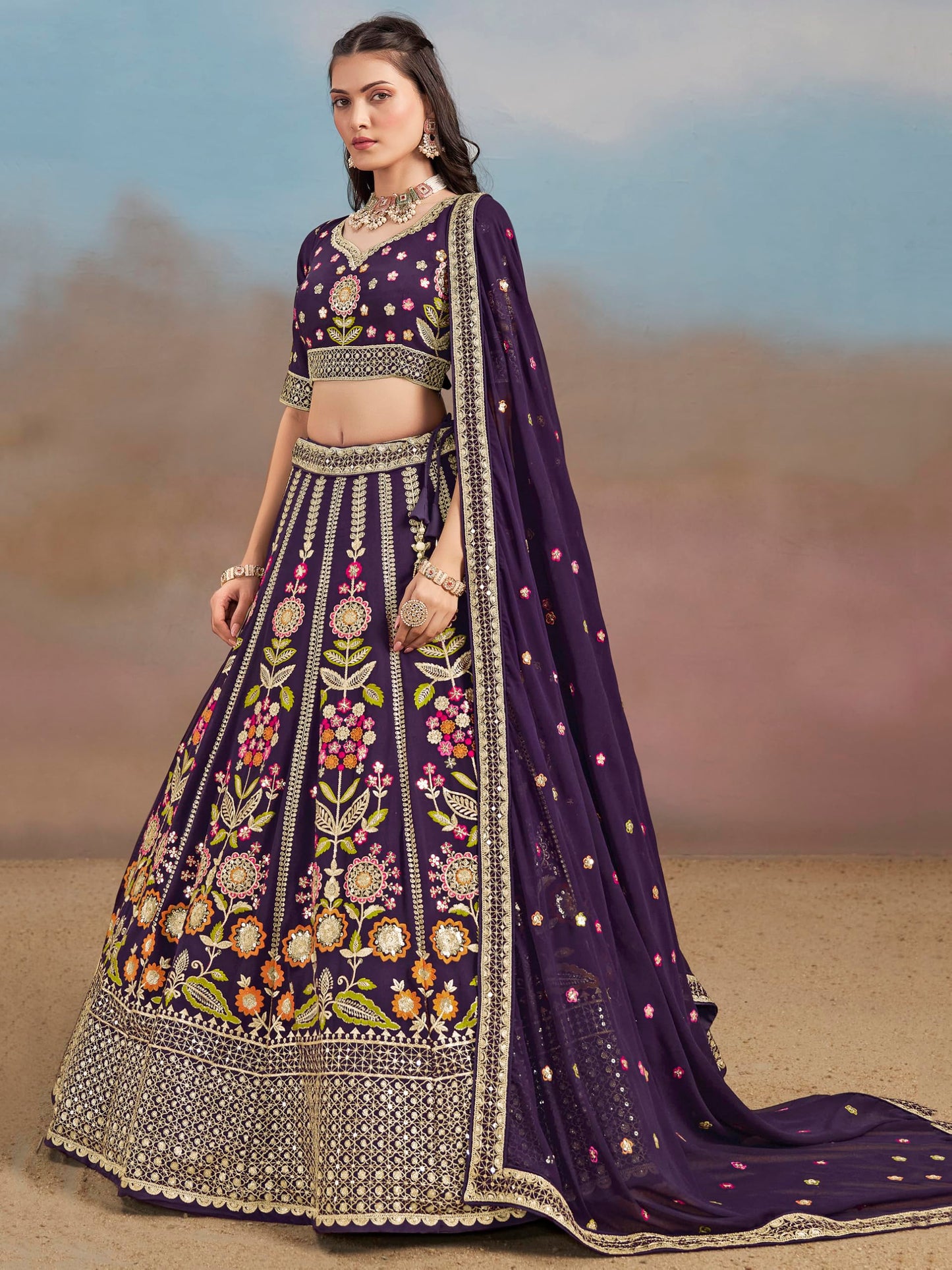 Zeel Clothing Women's Sequins Thread Embroidered Georgette Lehenga Choli With Dupatta (6008-Women-Lehenga-Choli-New; Free Size) (Purple)