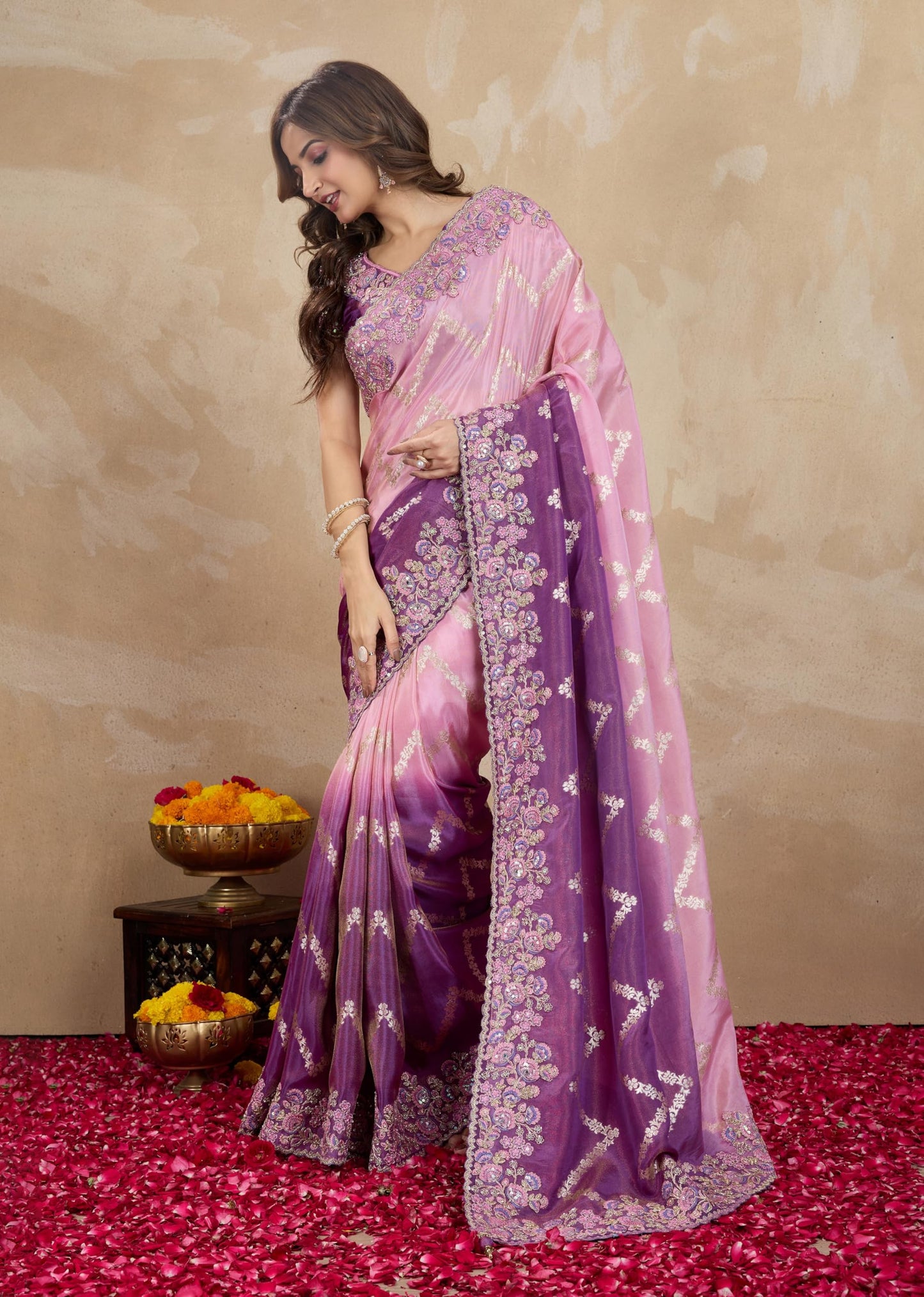 TRENDMALLS Women's Jacquard Silk Embroidery Saree with Unstitched Blouse Piece (K1172-Purple)