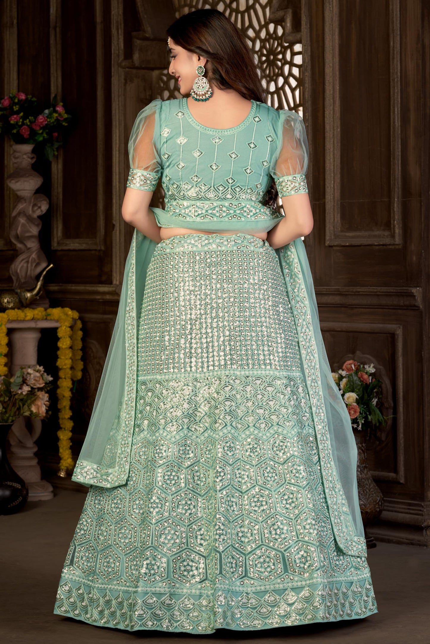 VARNI FABRICS Lehenga set for Women Net Embroidered Sequence Zari Work Semi Stitched Lehenga for Women Wedding Ethnic Traditional Party Lehenga Choli with Dupatta Mehndi Reception| Green | Free Size