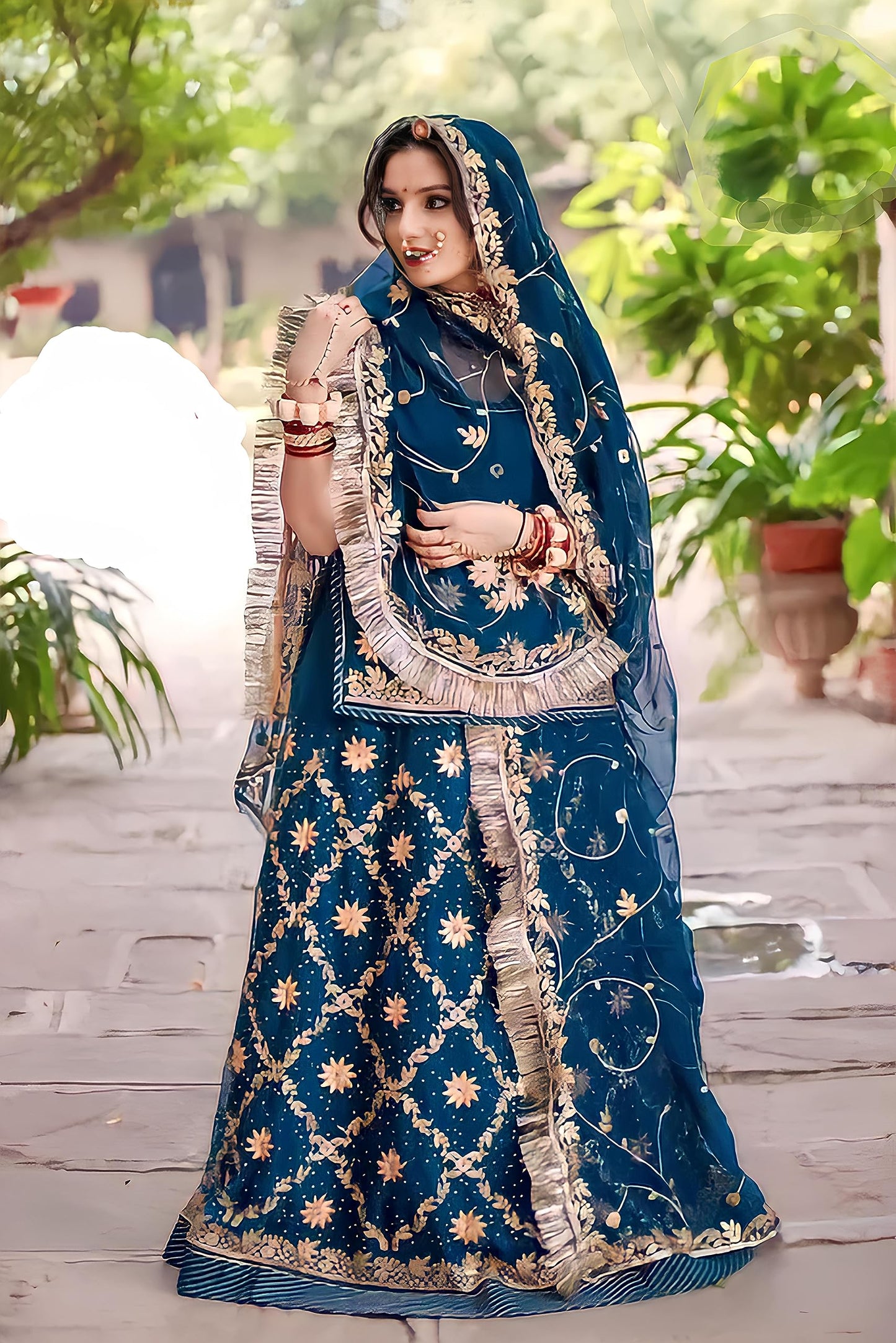 SHYAMLATA Designer Heavy Embroidery Work Shimmer Silk Semi-stitched Rajputi Poshak For Women Rajasthani Lehenga Choli (teal)