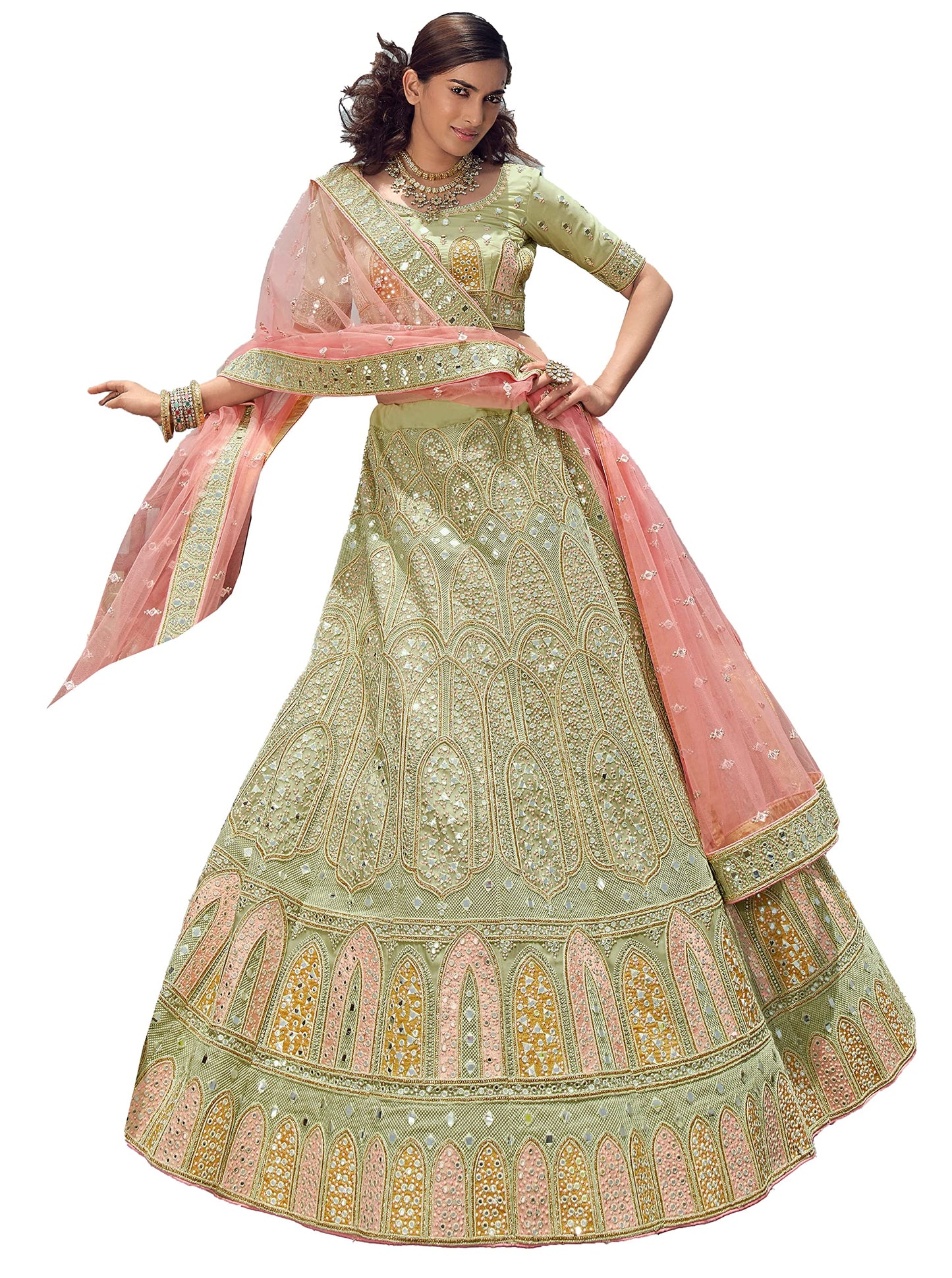 FUSIONIC Admirable Pista Green Stone Work organza base Base Lehenga Choli For Women