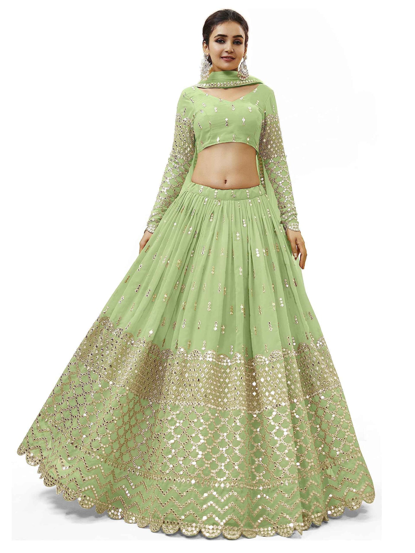 Zeel Clothing Women's Sequins Zari Embroidered Georgette Semi Stitched Lehenga Choli With Dupatta (311-Pista-Wedding-Bridal-Latest-New; Free Size) (Pista)