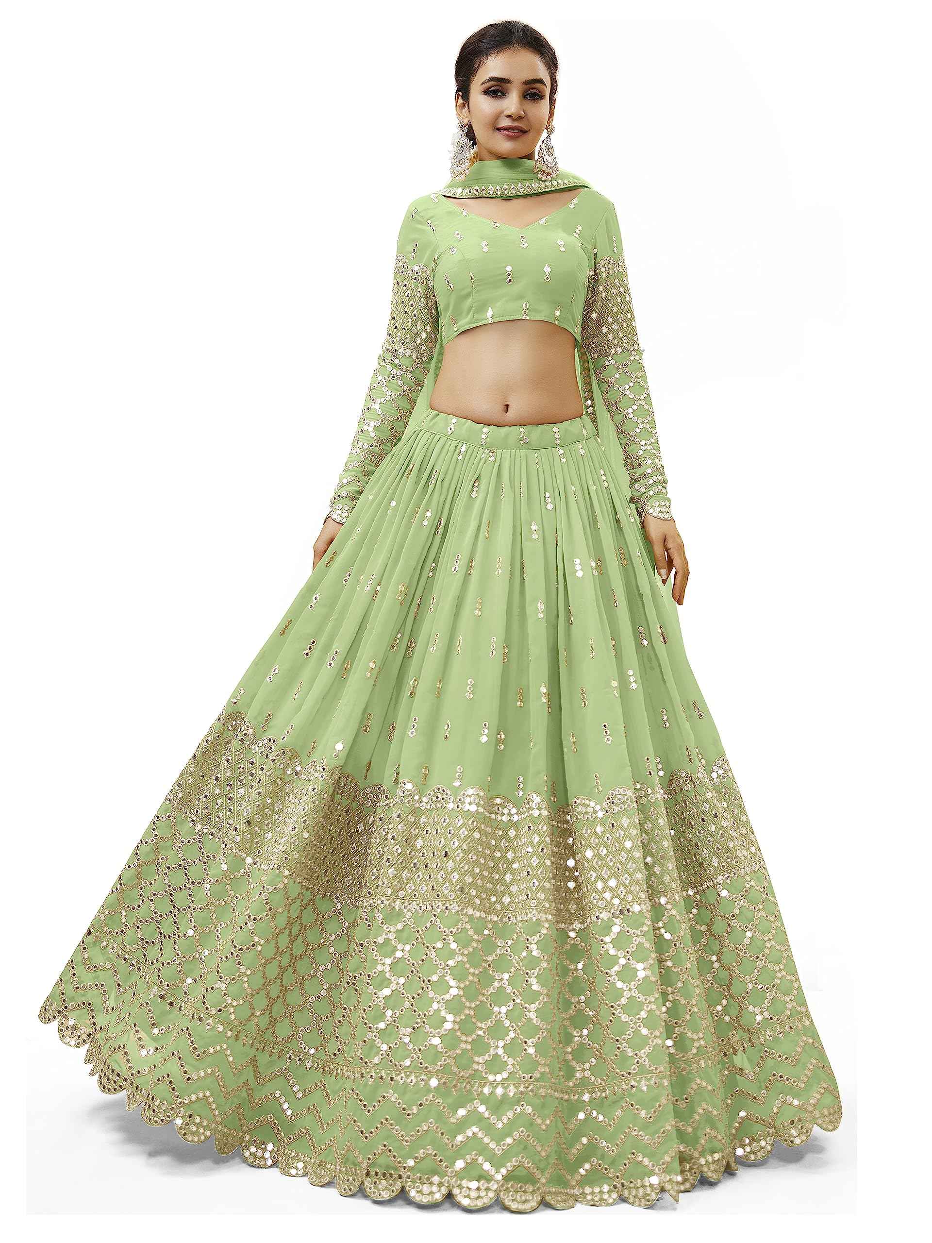 Zeel Clothing Women's Sequins Zari Embroidered Georgette Semi Stitched Lehenga Choli With Dupatta (311-Pista-Wedding-Bridal-Latest-New; Free Size) (Pista)