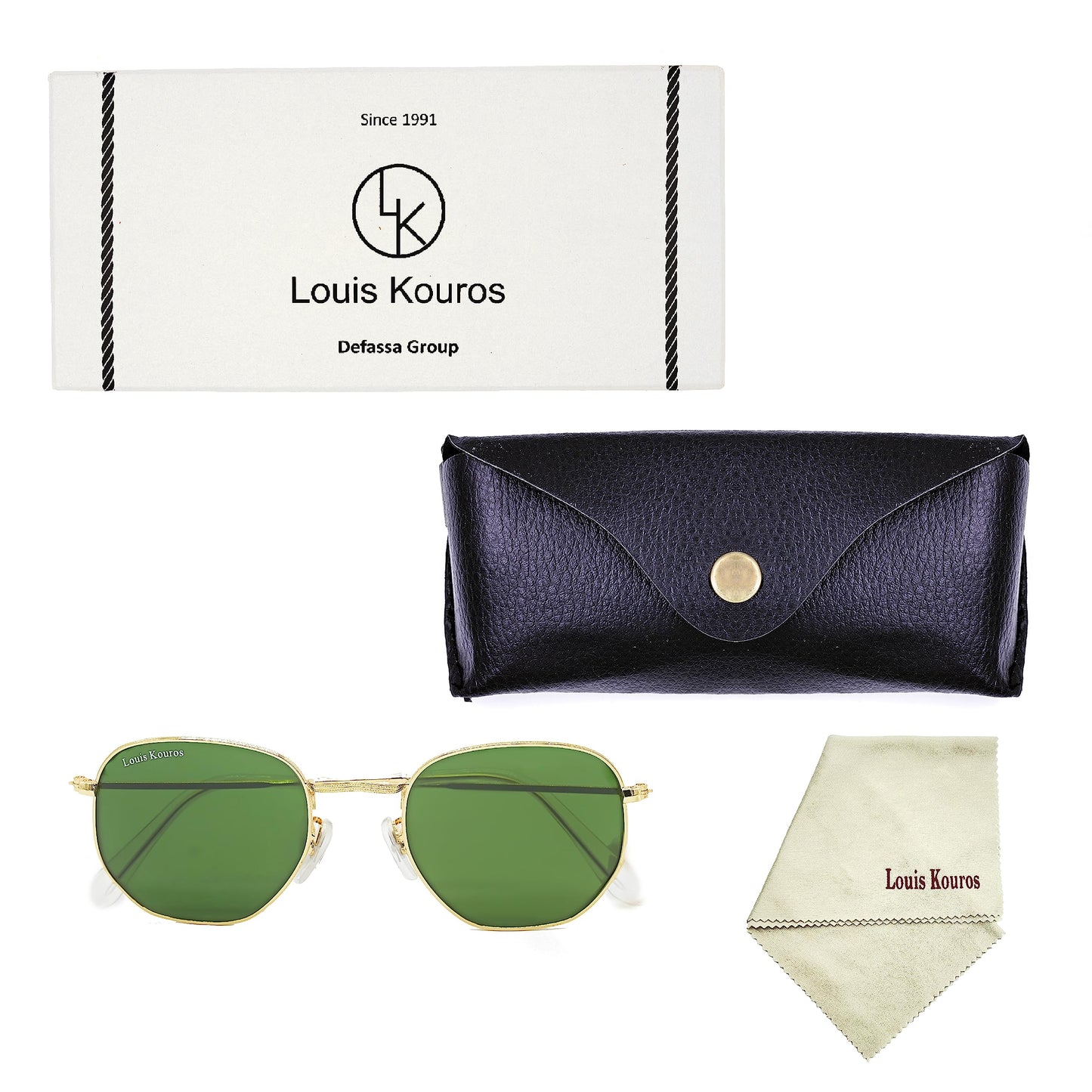 Louis Kouros Tarth Hexagonal Classic 3548 sunglasses | Gold Frame | Green Lens | Mirror Lens | 400 UV Protection | For Men & Women | Medium