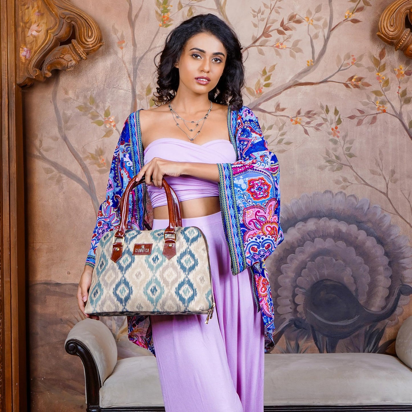 THE CLOWNFISH Montana Series Printed Handicraft Fabric & Faux leather Handbag for Women Office Bag Ladies Purse Shoulder Bag Tote For Women College Girls (Pearl with Patola Design)