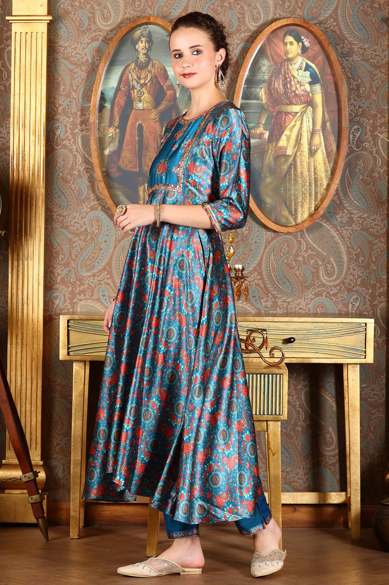 W for Woman Cerulean Blue Floral Printed Japanese Satin Kurta, Pants and Dupatta Set (Size: S)-24AUWS11763-123276