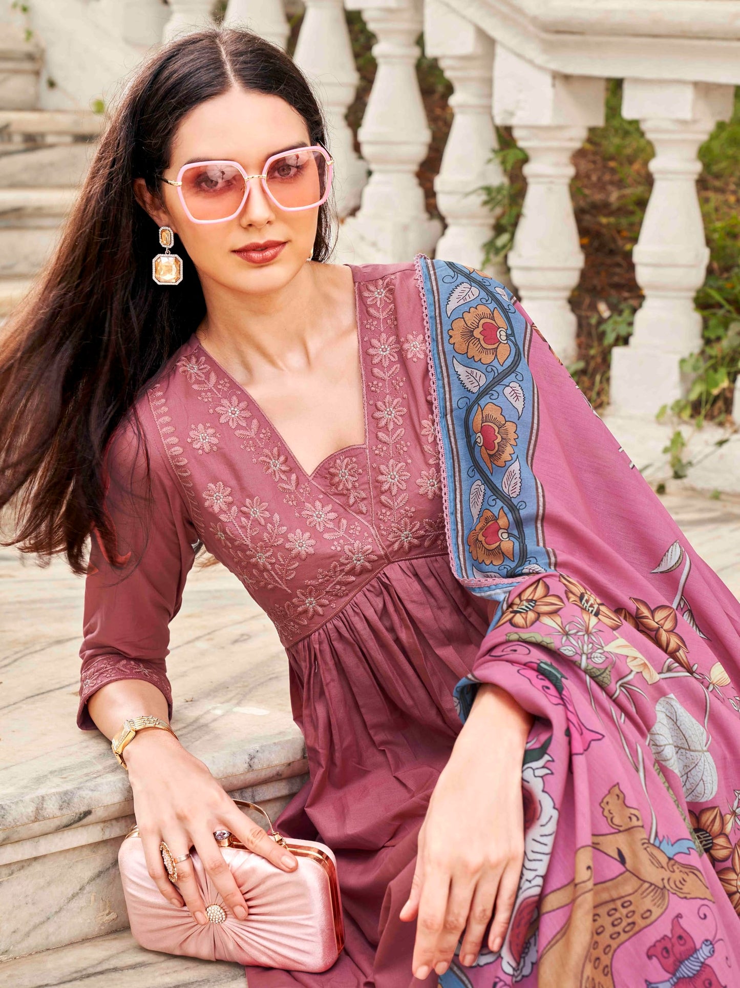 Womanista Women's Tonal Thread Alia Cut Flared Kurta with Pant and Dupatta (Kurtaset_1317_XL)