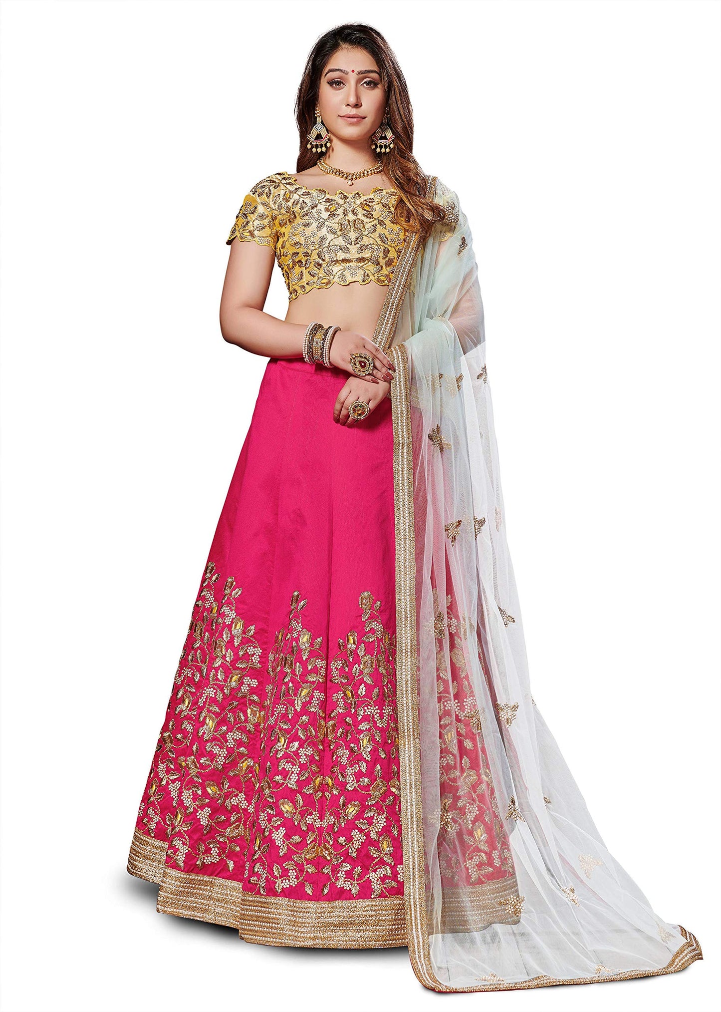 Zeel Clothing Women's Faux Silk Dress Material Semi-Stitched Lehenga Choli (7045-Yellow-Pink-New_Yellow & Pink_Free Size), Customizable Length