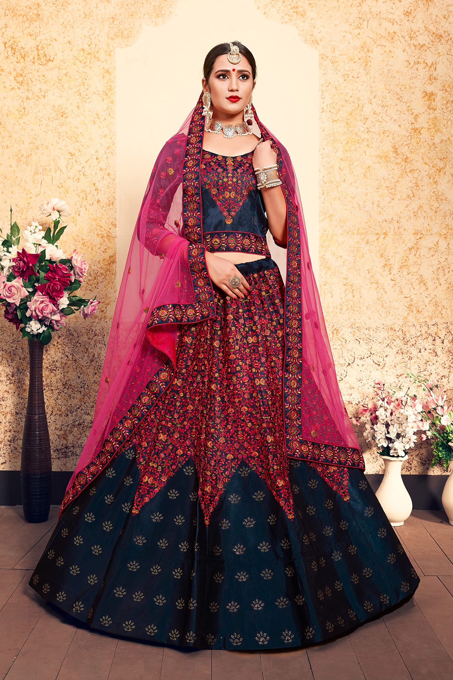 FUSIONIC Marvelous pink and blue colored silk base lehenga choli For Women