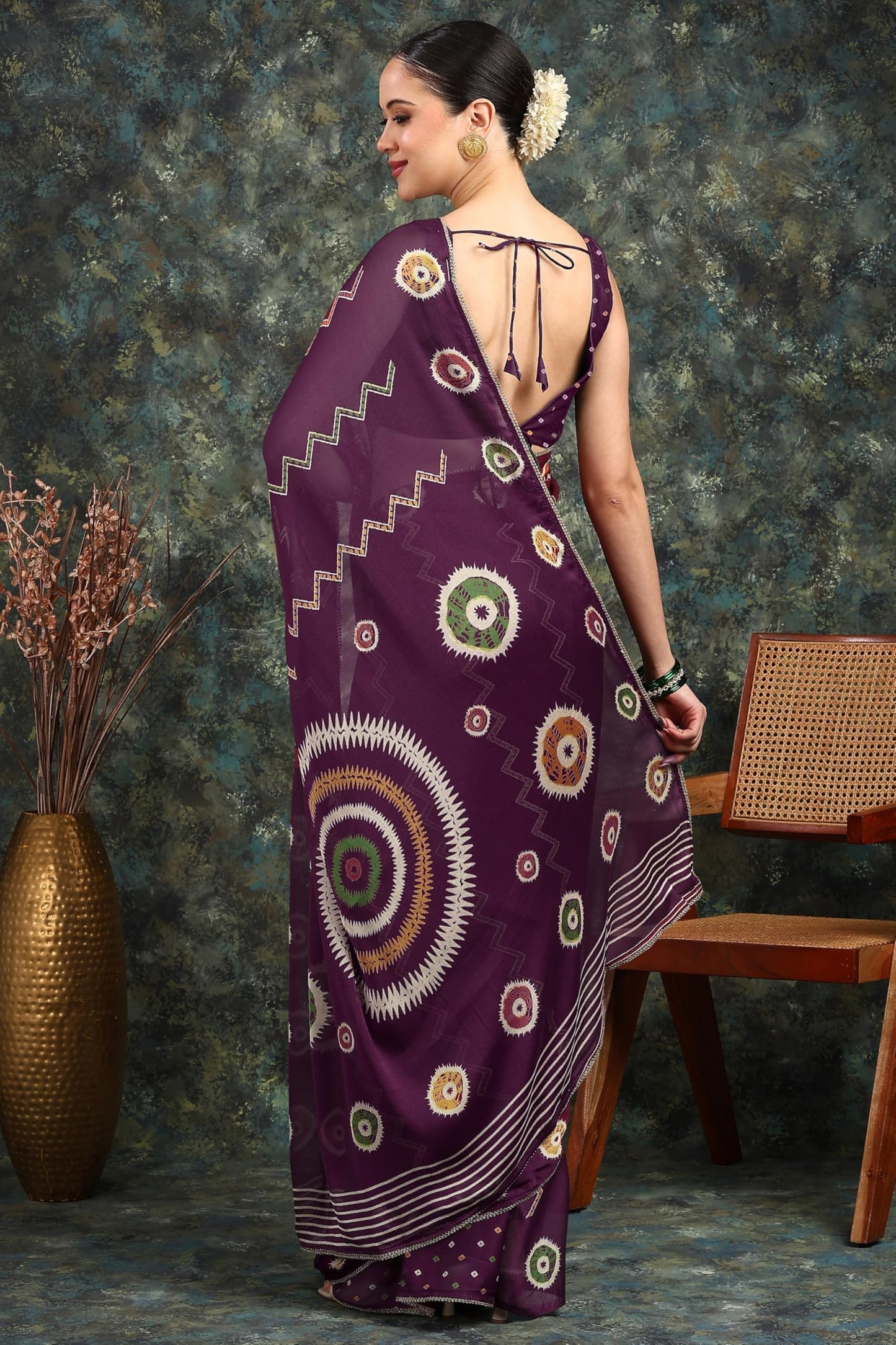MIRCHI FASHION Women's Chiffon Chevron Block Printed Saree with Blouse Piece (50724 - Dark Magenta, Multicolor)
