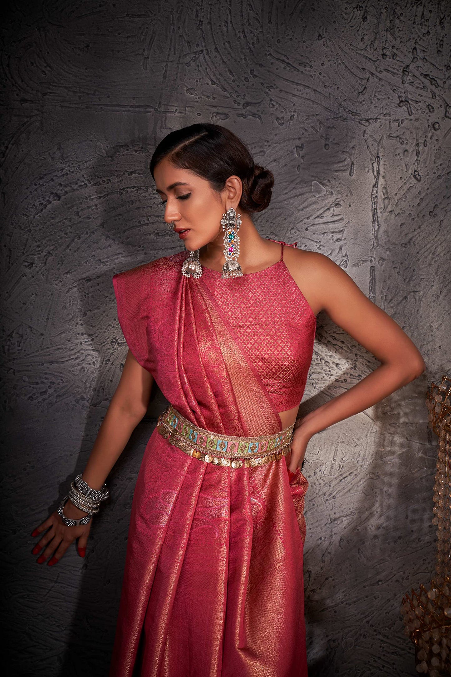 Vardha Women's Kanchipuram Art Silk Saree with Unstitched Blouse Piece - Gold Copper Silver Zari Woven Work Sarees (Ayana Silk_537)