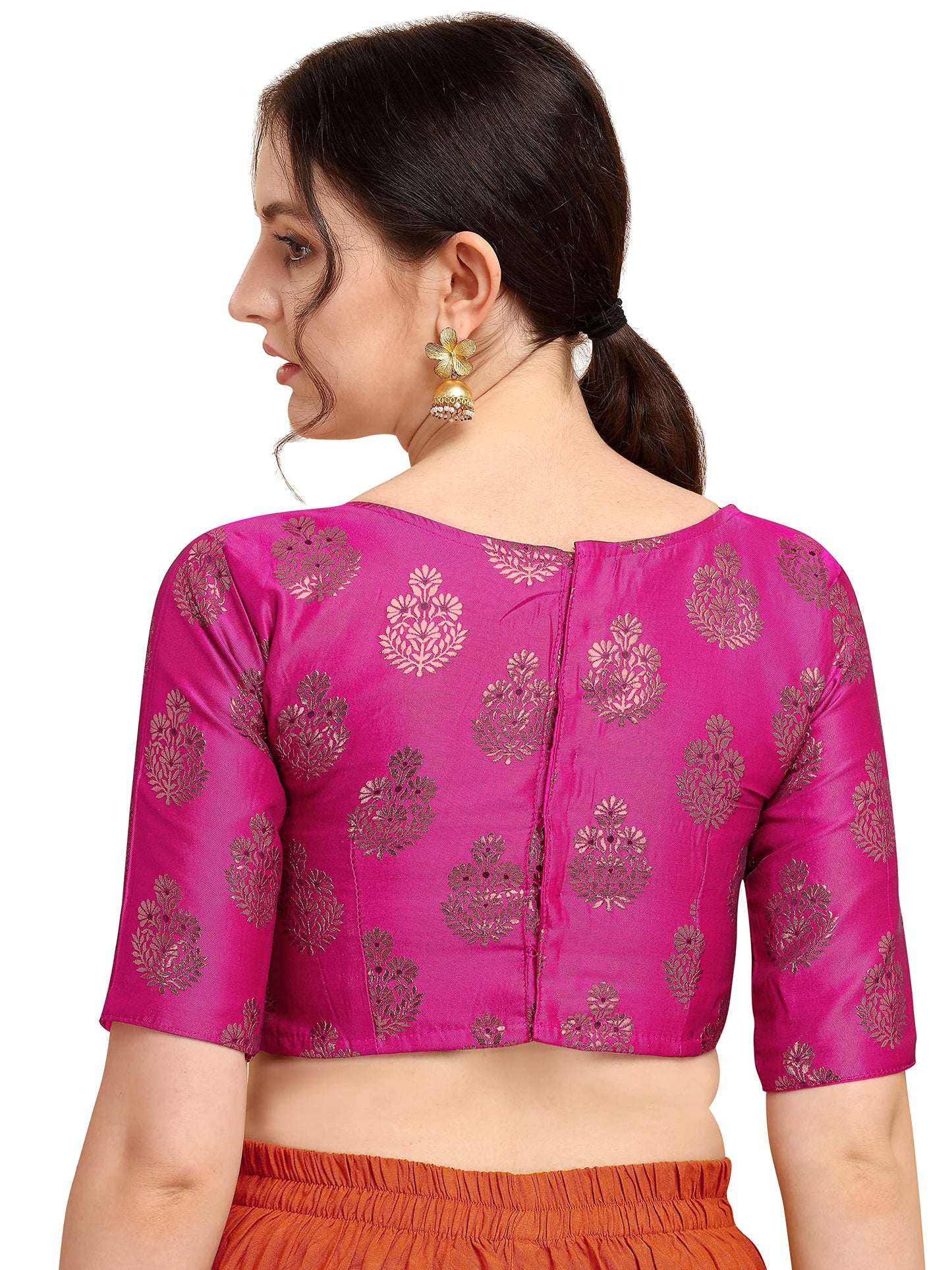 OOMPH! Women's Indian Ethnic Wear Designer Floral Pattern Zari Work Boat Neck Half Sleeve Readymade Non - Padded Blouse for Saree and Lehnga and Palazzos or Skirts for a Fusion Twist.