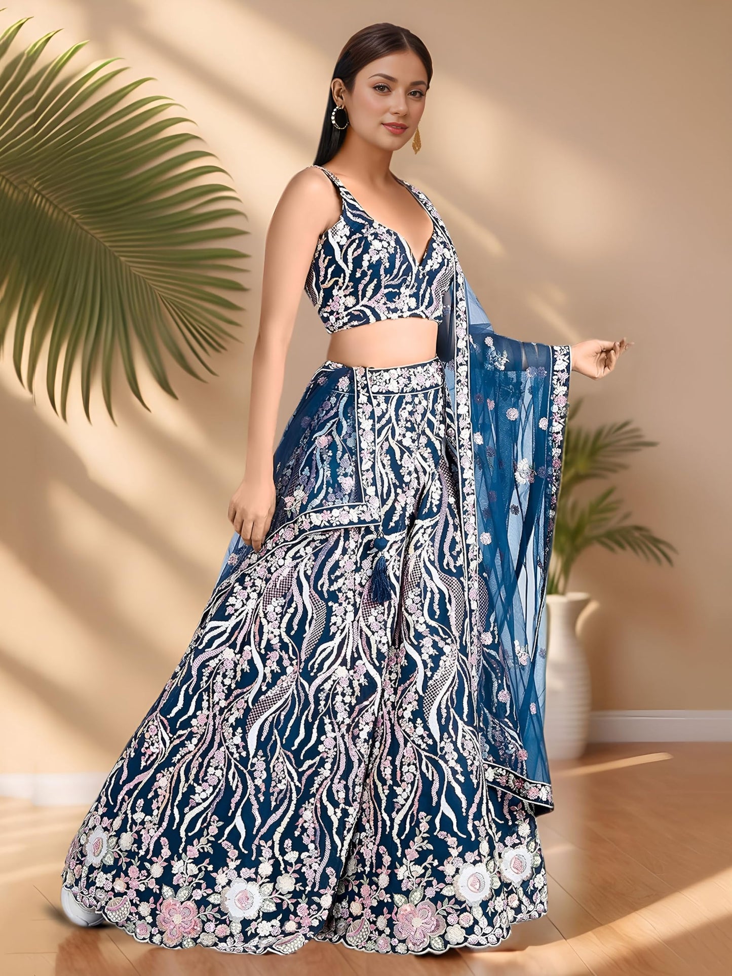 Zeel Clothing Women's Sequins Embroidered Work Soft Net Designer Lehenga Choli With Dupatta (6033-Blue-Wedding-Stylish-Lehenga-Choli-Latest; Free Size)