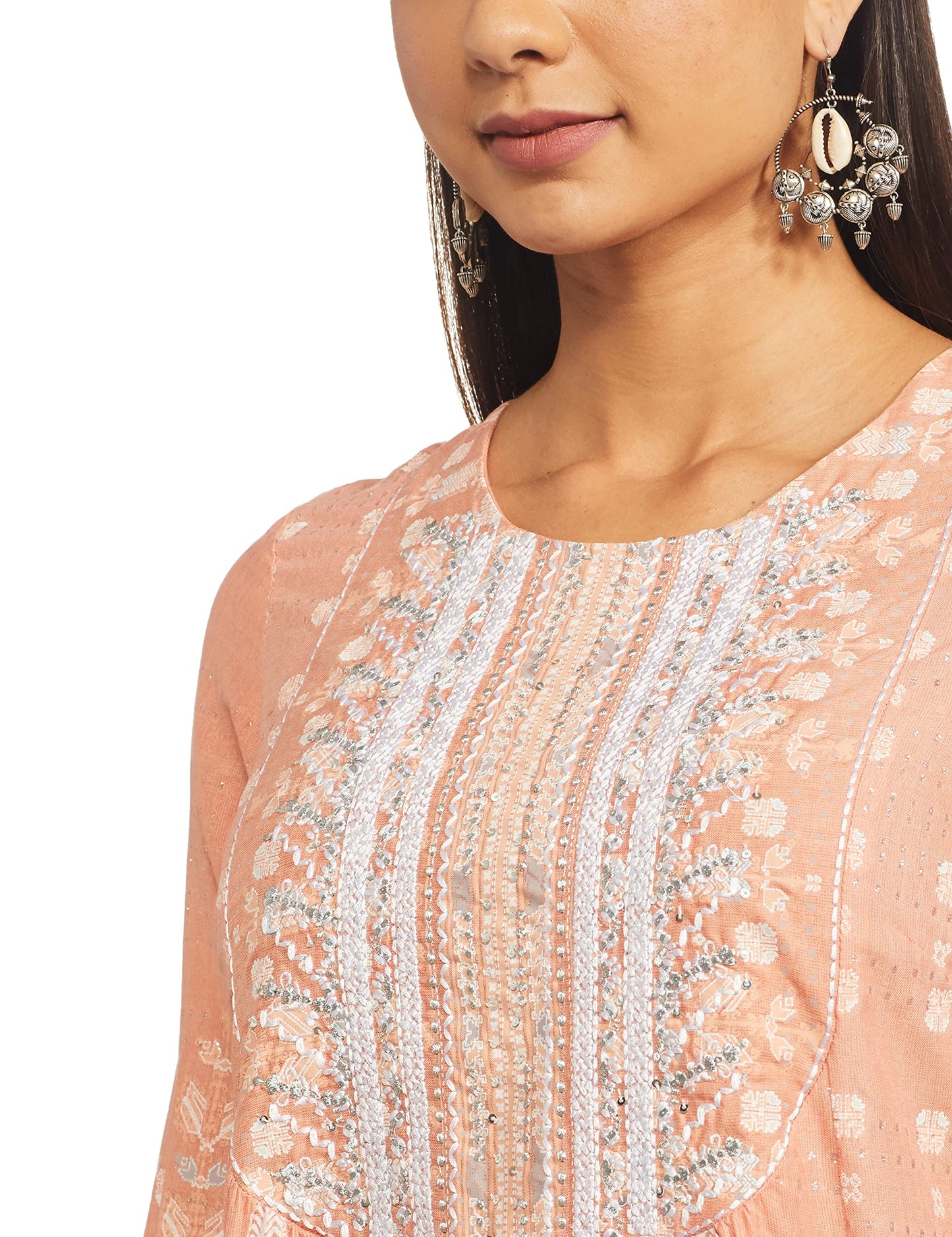 W for Woman Peach Flared Kurta_21FEW13459-113606_XS