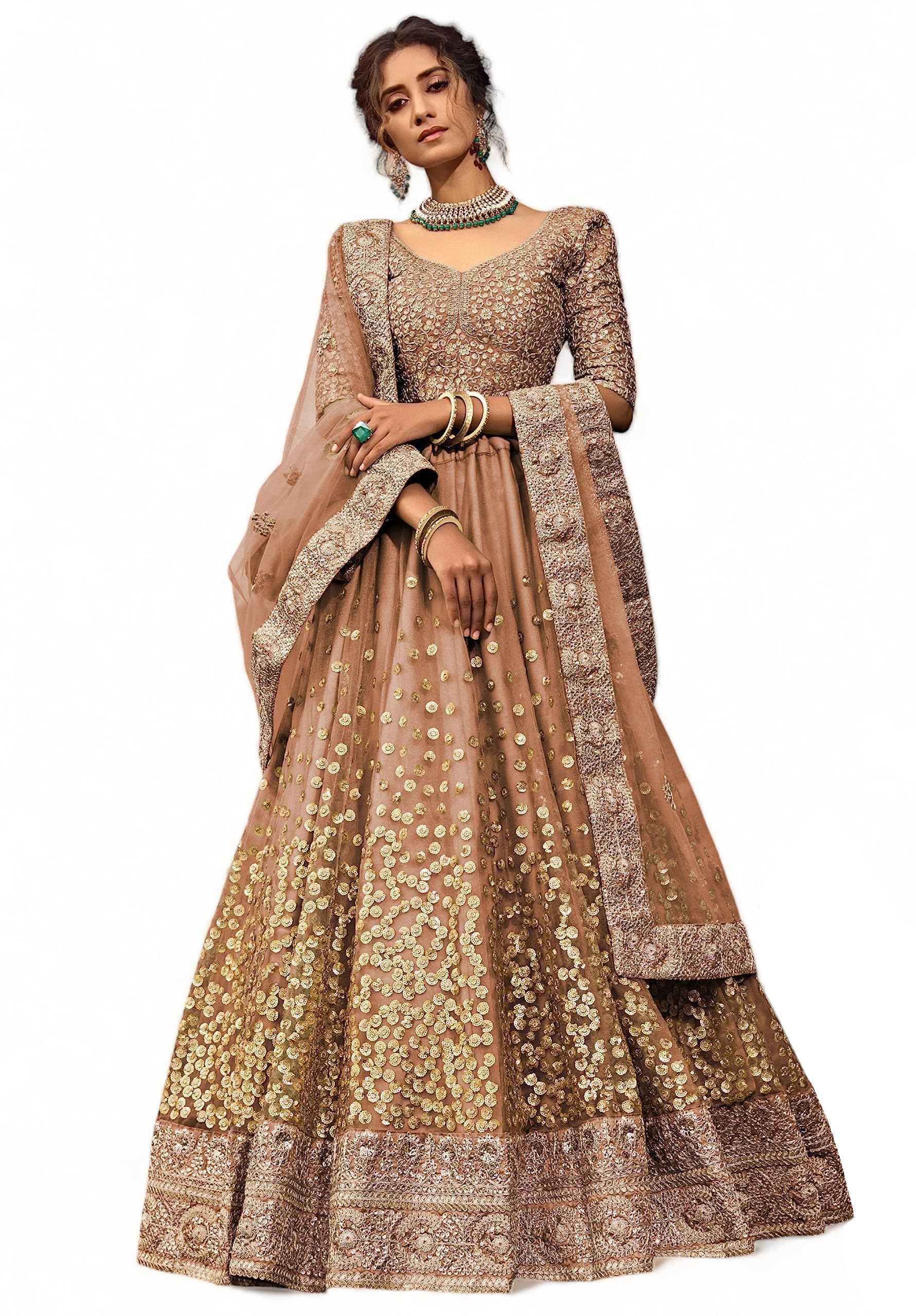 Zeel Clothing Women's Net Semi-Stitched Lehenga Choli Brown Wedding Bridal Latest New Free Size