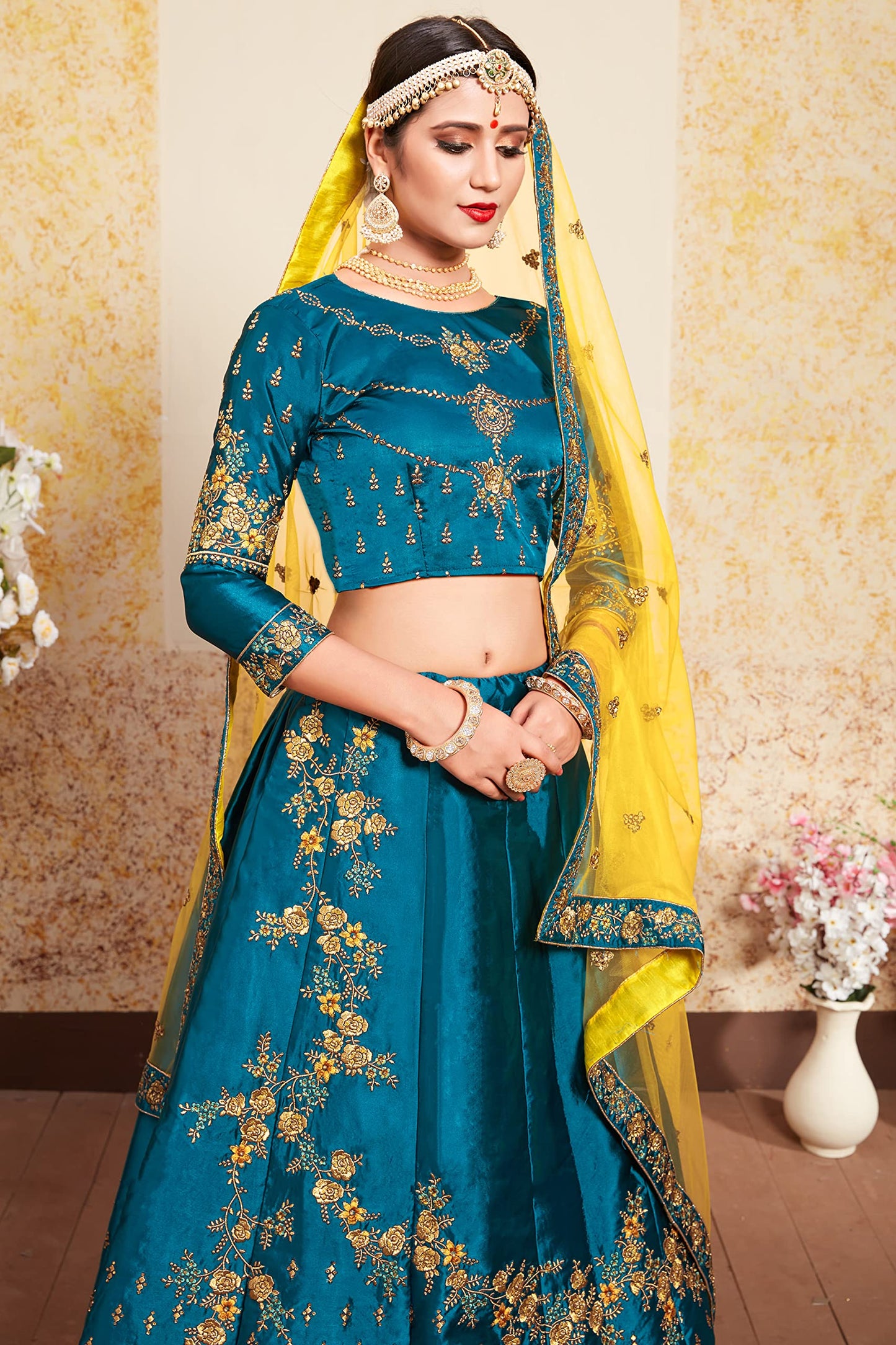 FUSIONIC Splendid Sky blue Satin Base Lehenga Choli For Women