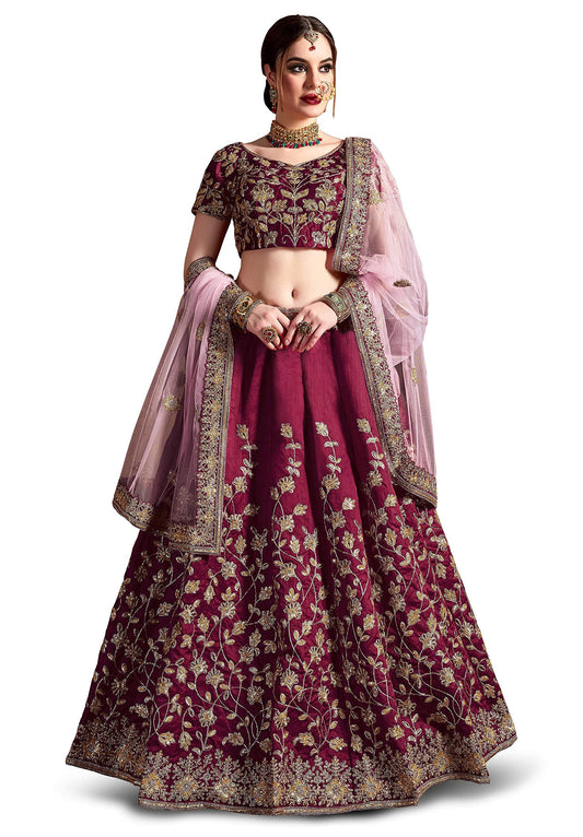 Zeel Clothing Women's Embroidered Raw Silk Semi-Stitched Lehenga Choli With Dupatta(7011-Red-New-Bridal-Wedding Maroon, Free Size)