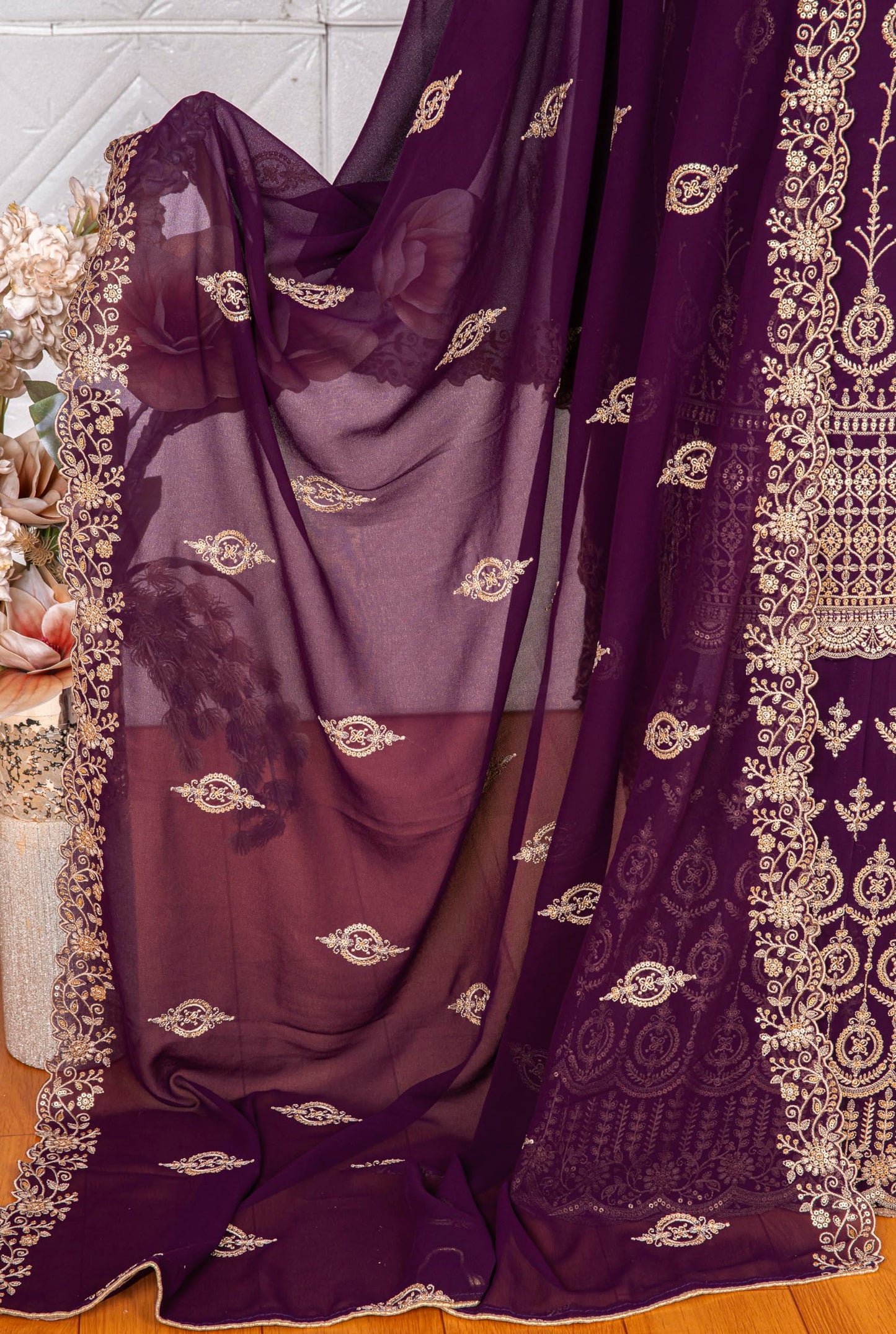 VUBA Women's Faux Georgette Embroidered Sequence Work Semi Stitched Top With Stitched georgette Sharara with Heavy Dupatta Straight Kurta Dress Material sharara suit set (VUBA-785, Purple)