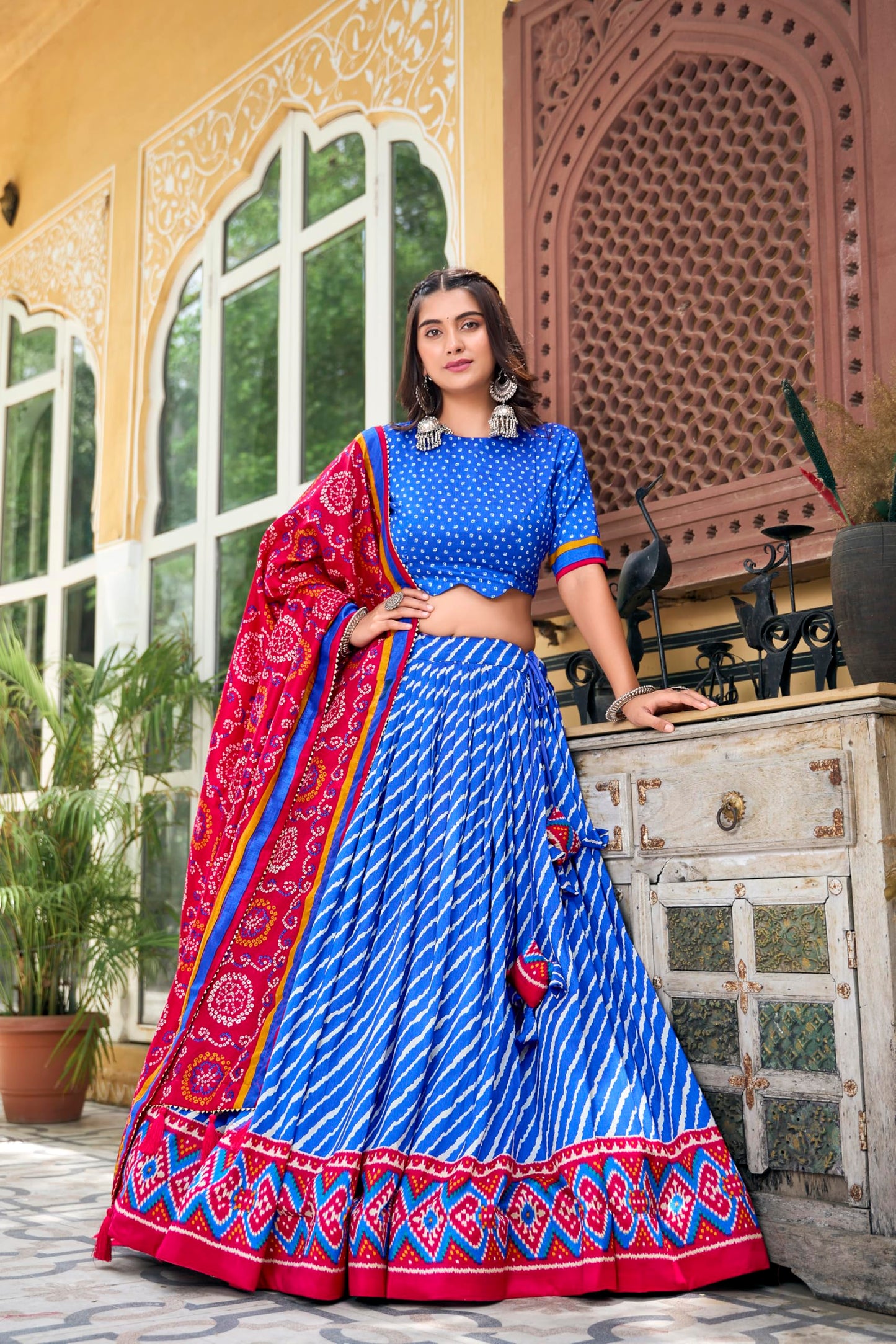 LooknBook Art Women's Leheriya Printed Silk Unstitched Lehenga Choli With Dupatta, Royal Blue