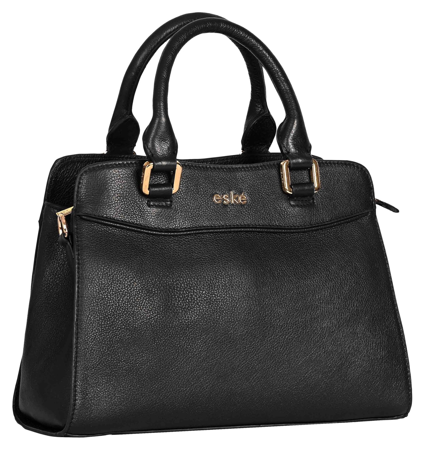 eske Rheta Genuine Leather Handbag for Women | Cosmos Leather Shoulder Bag with Dual Compartments | Detachable Strap | Zip & Slip Pockets | Elegant Office & Daily Tote (Black)