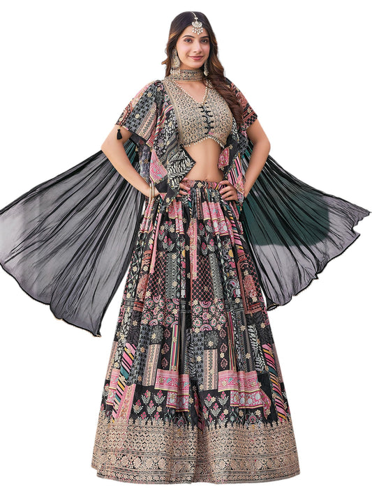 Zeel Clothing Women's Digital Print with Zari Dori Embroidery Work Chinnon Silk Lehenga Choli With Dupatta (7050-Black-Women-Lehenga-Choli-Latest; Free size) (Black)
