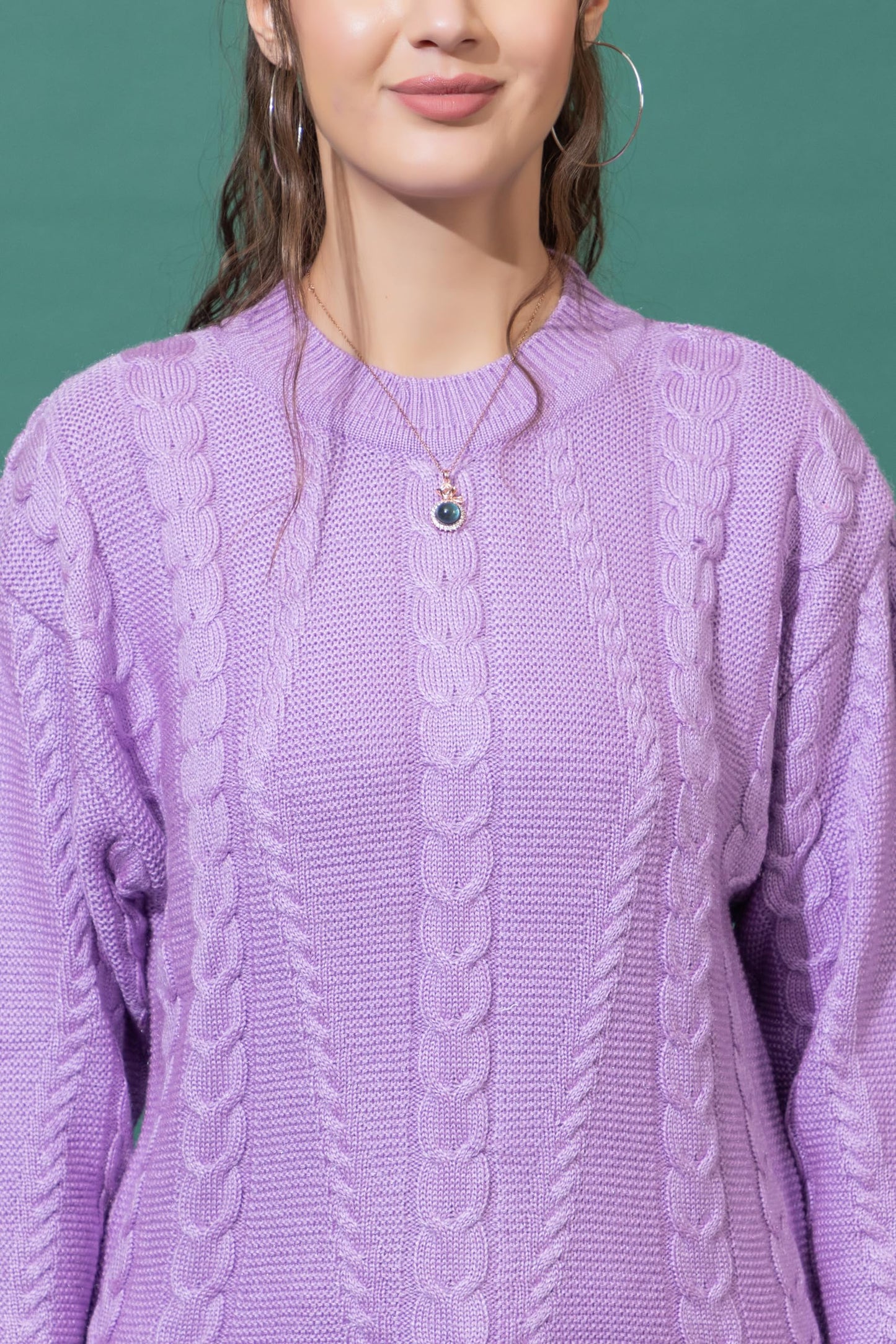 Wear lusso Women Sweater for Winter Woolen Full Sleeves Round Neck Cable Design Stylish Sweater for Winter Season (in, Alpha, L, Lavender)