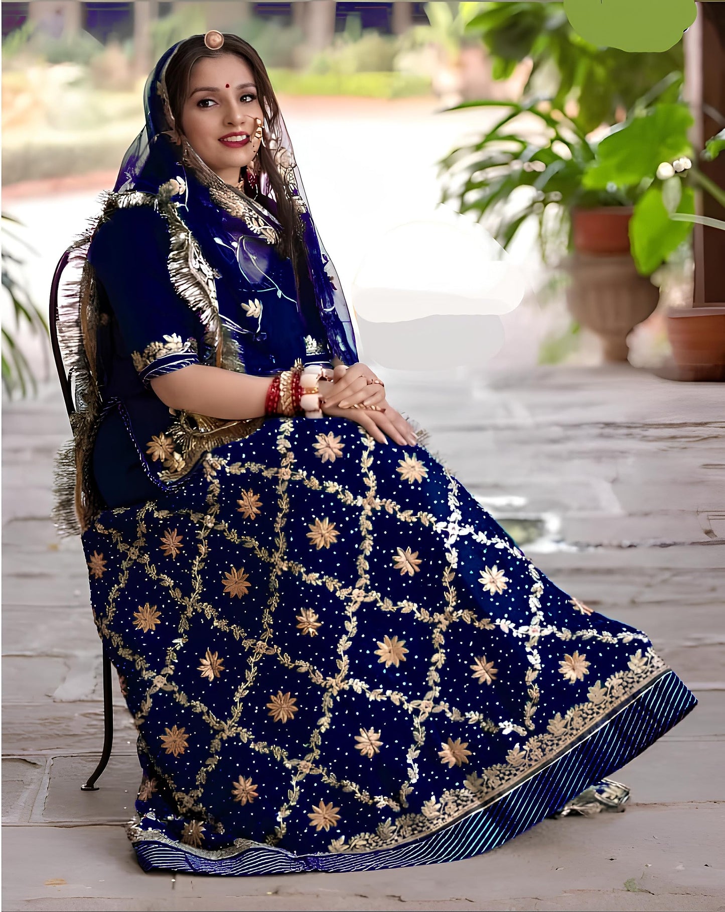SHYAMLATA Fancy Heavy Embroidery Work Shimmer Silk Semi-stitched Rajputi Poshak For Women Rajasthani Lehenga Choli With Dupatta (Blue E)