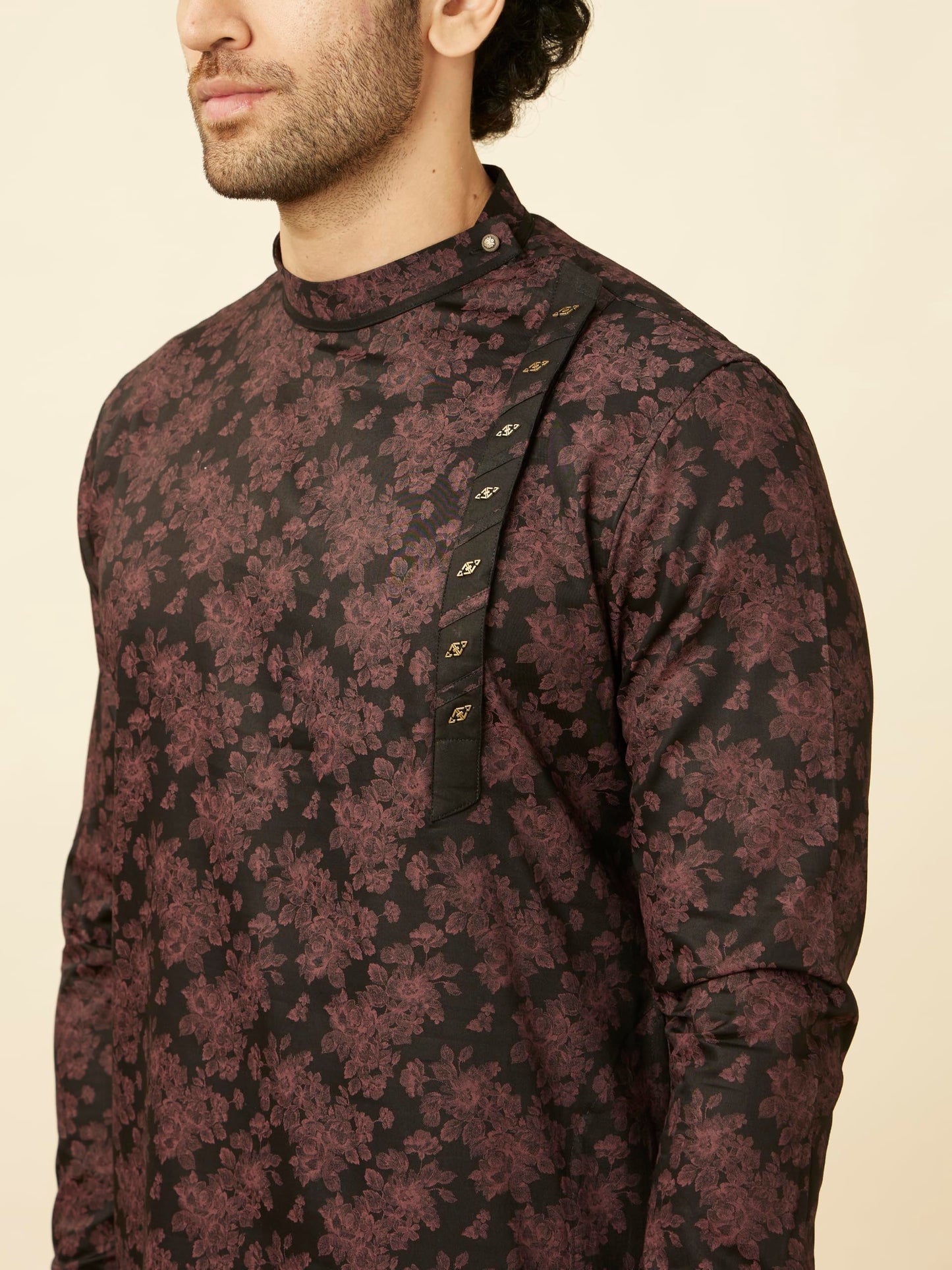 Manyavar Men's Midnight Black Floral Patterned Angrakha Style Kurta (XL)