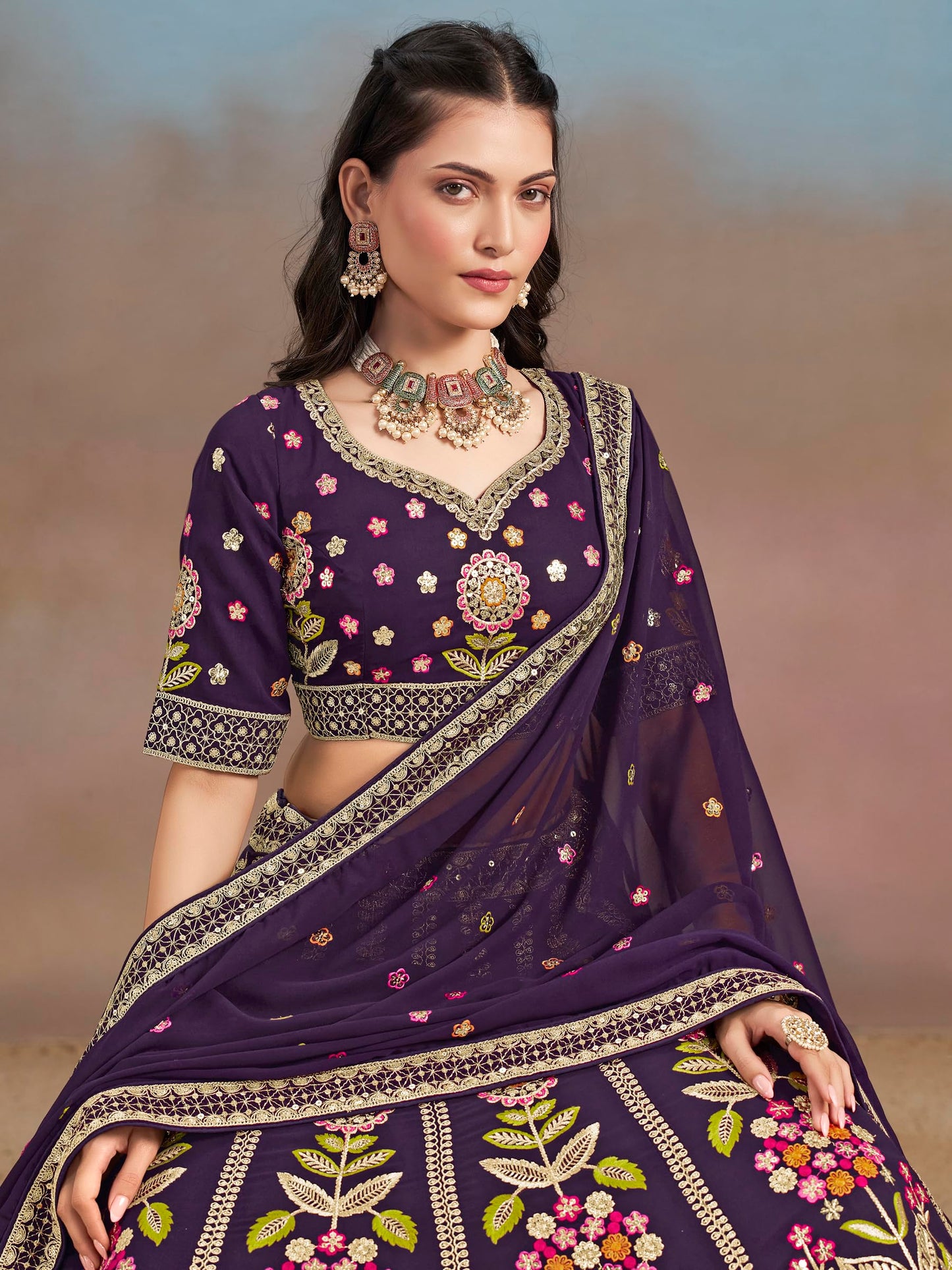 Zeel Clothing Women's Sequins Thread Embroidered Georgette Lehenga Choli With Dupatta (6008-Women-Lehenga-Choli-New; Free Size) (Purple)