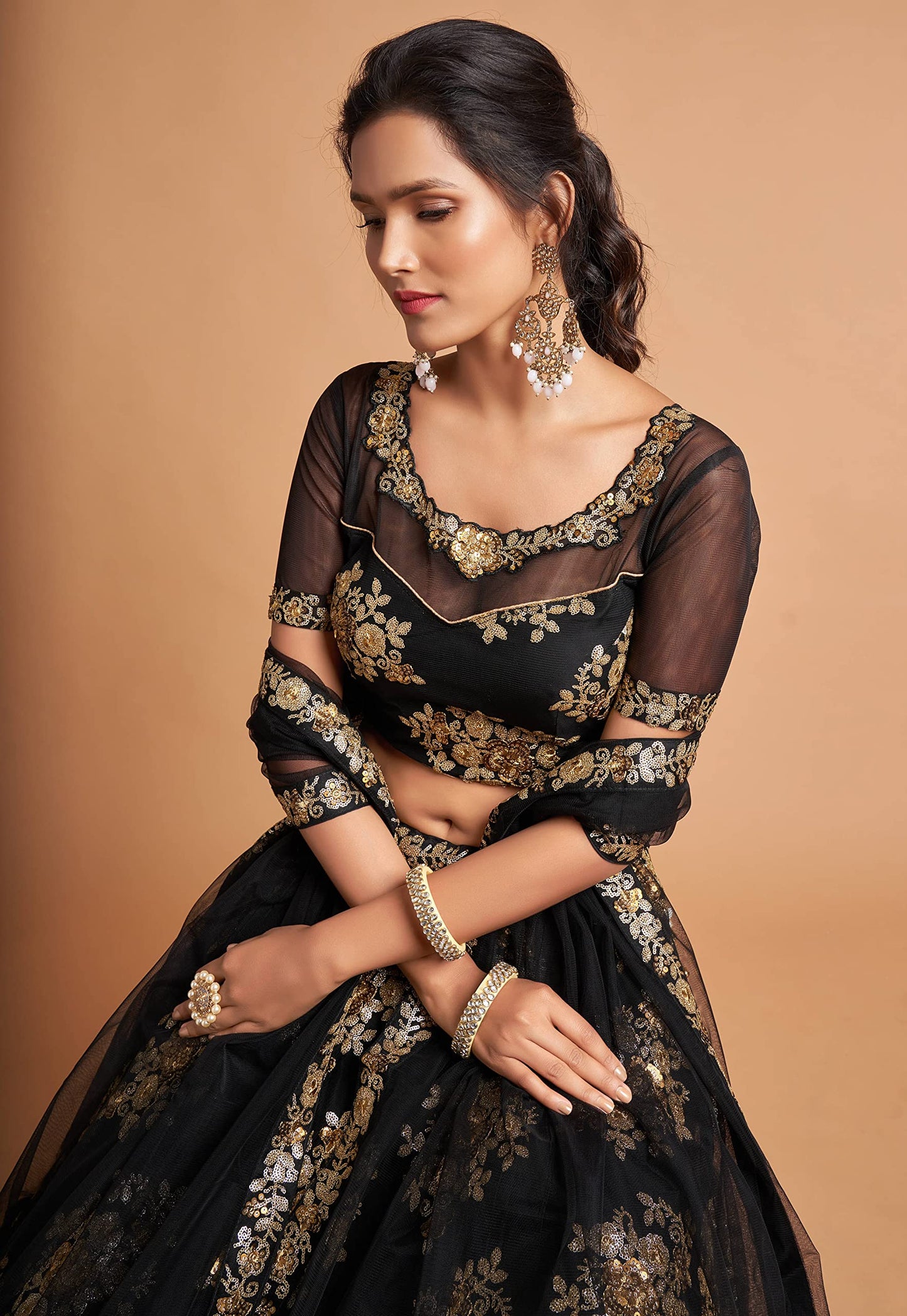 Divine Exim Women's Net Embroidered Semi-Stitched Lehenga Choli with Dupatta (7306-Black-Wedding-Girlish-Latest-Lehenga; Free Size)