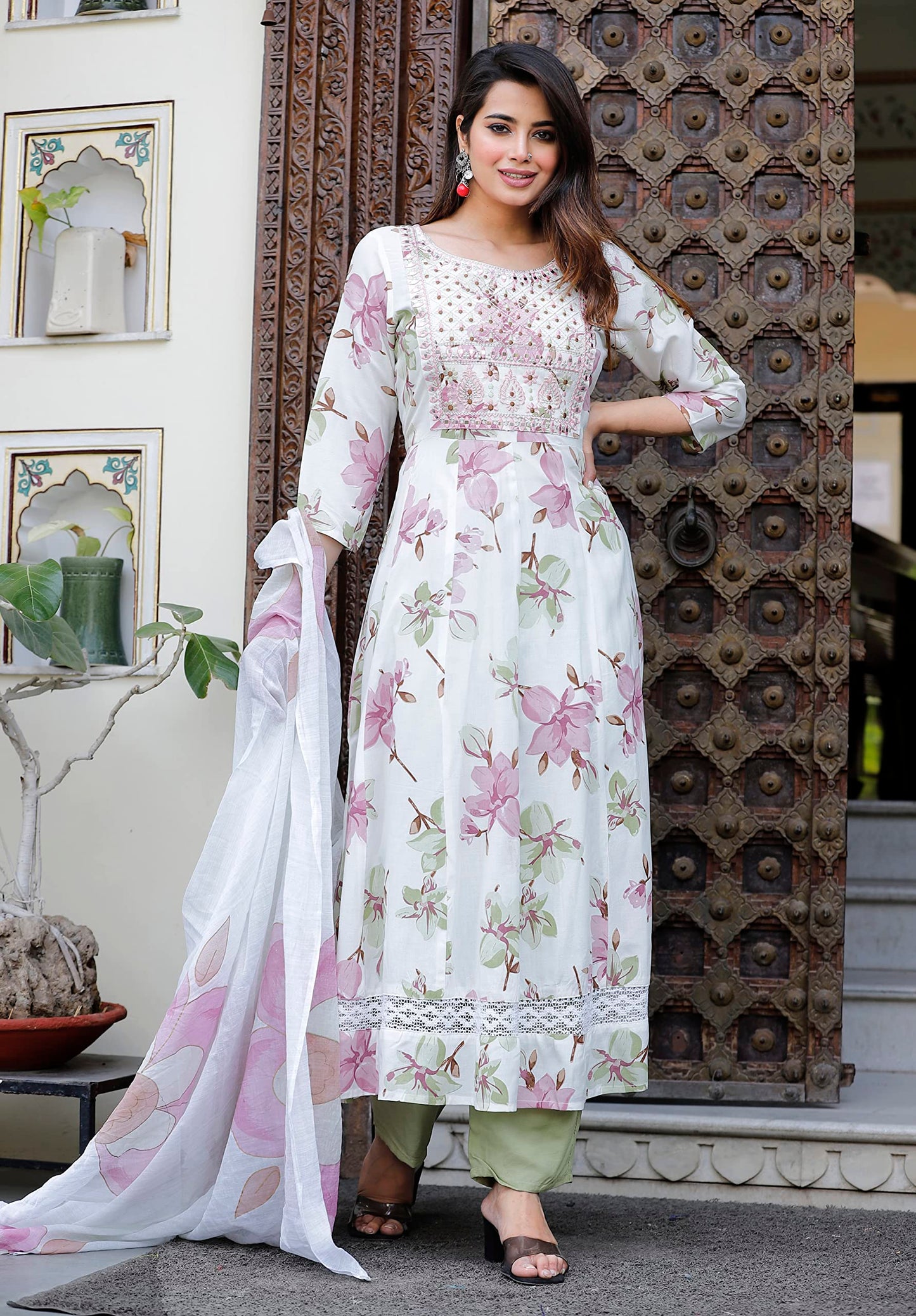 Rangnavi Women Rayon Anarkali Embroidered Printed Kurta Pant and Dupatta Set