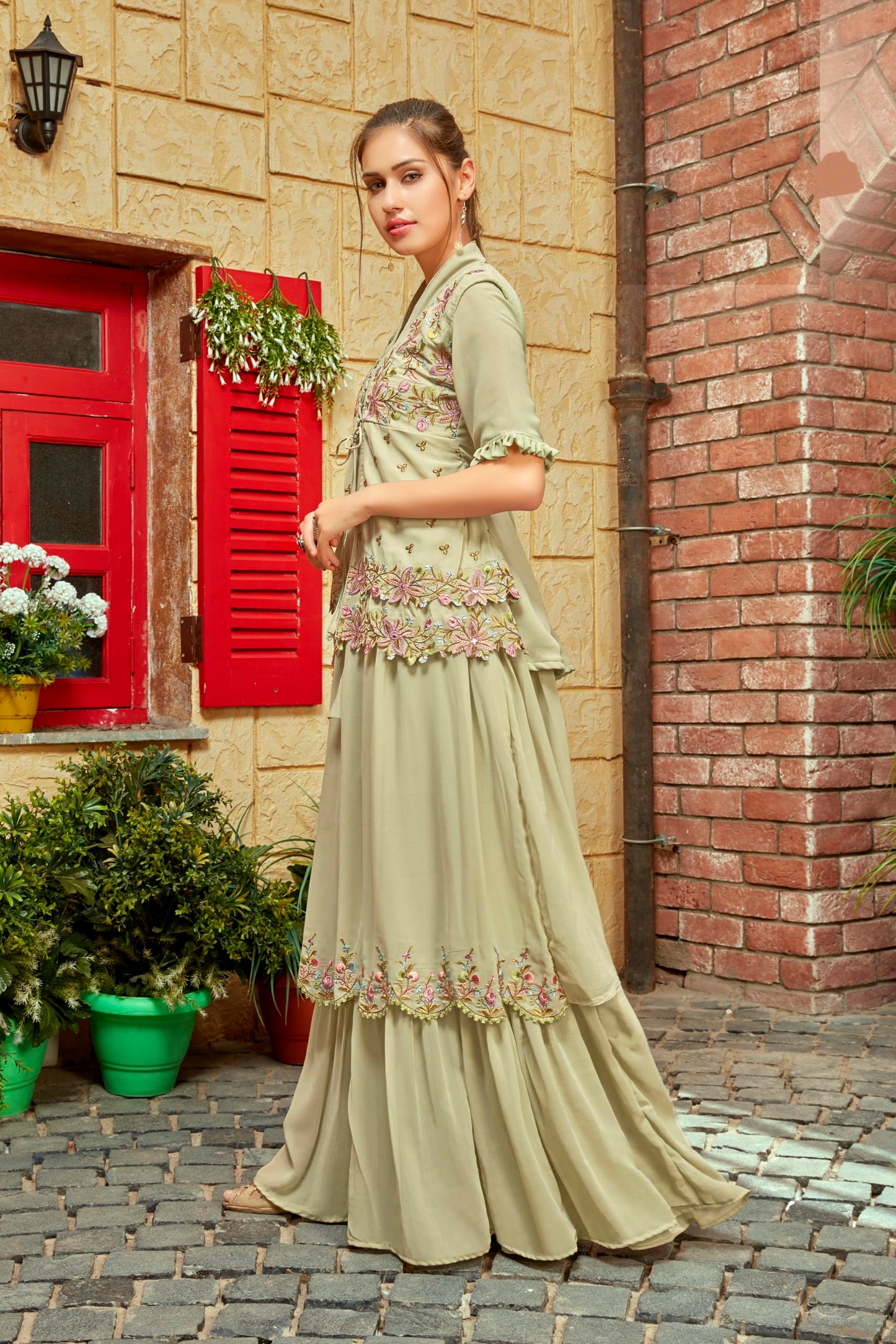 Shampysky Women’s Green Faux Georgette Embroidered Flared Gown with Jacket and Dupatta | Stitched | Half Sleeves (SSW-1004-Green-XXL)