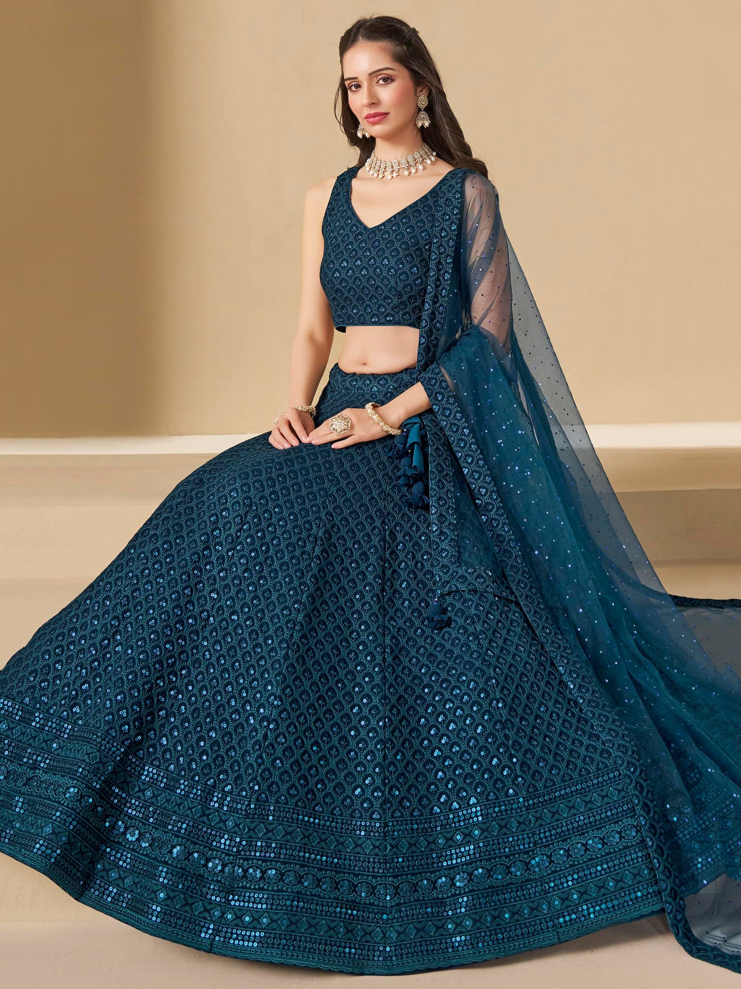Zeel Clothing Women's Sequins Thread Embroidered Georgette Lehenga Choli With Dupatta (5124-Blue-Women-Lehenga-Choli-New; Free size) (Blue)