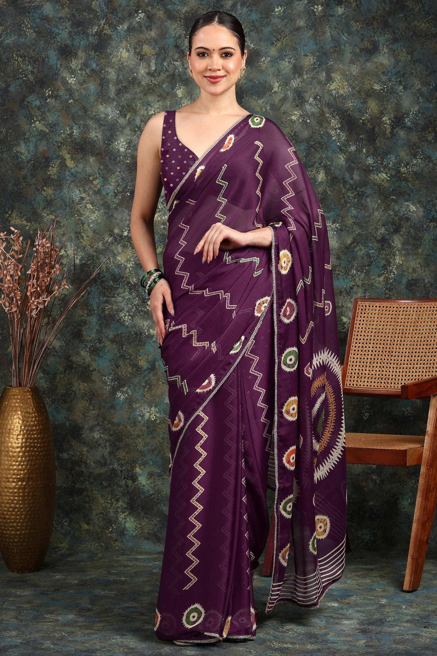 MIRCHI FASHION Women's Chiffon Chevron Block Printed Saree with Blouse Piece (50724 - Dark Magenta, Multicolor)