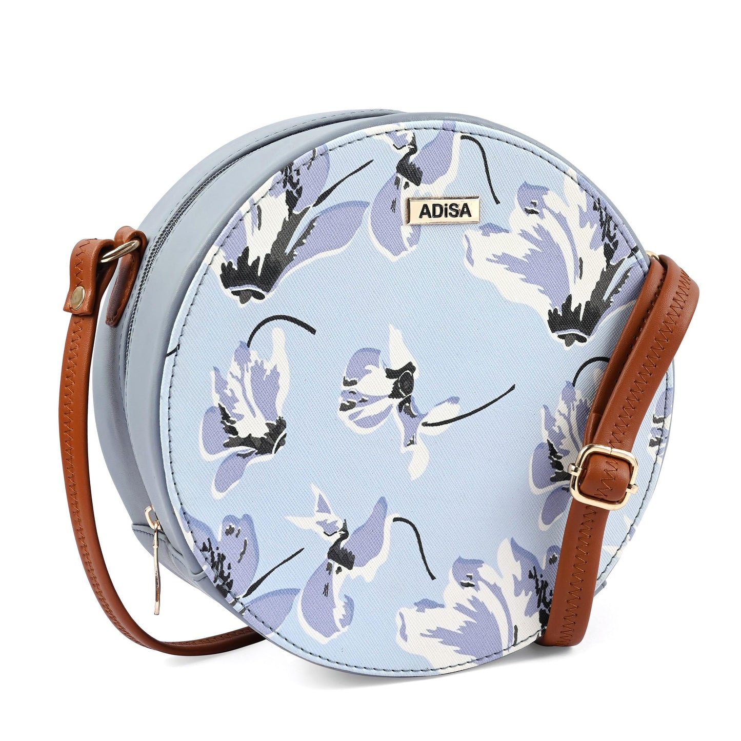 ADISA Women Girls Flower Print Sling Bag Round Crossbody Purse (SL6007-SKY_Blue)