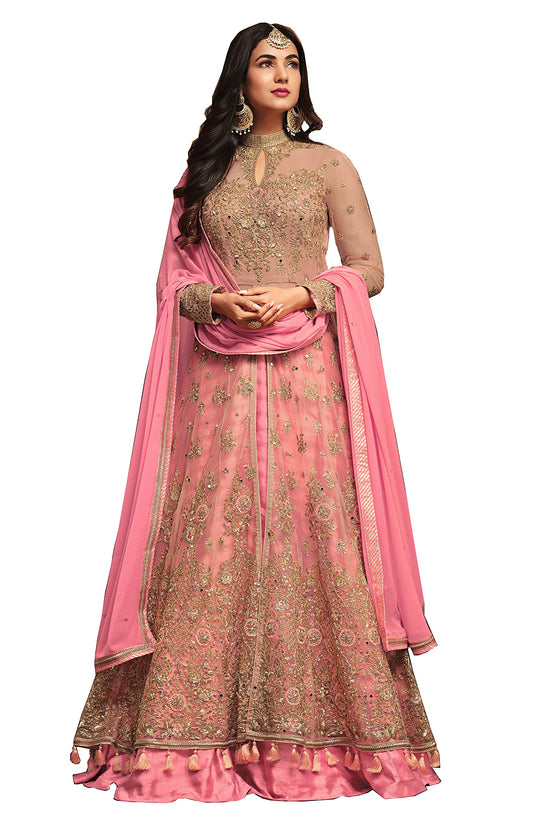 RUDRAPRAYAG Women's Net and Santoon Anarkali Floor Length Gown (5407; Gajjari; Free Size) Pink