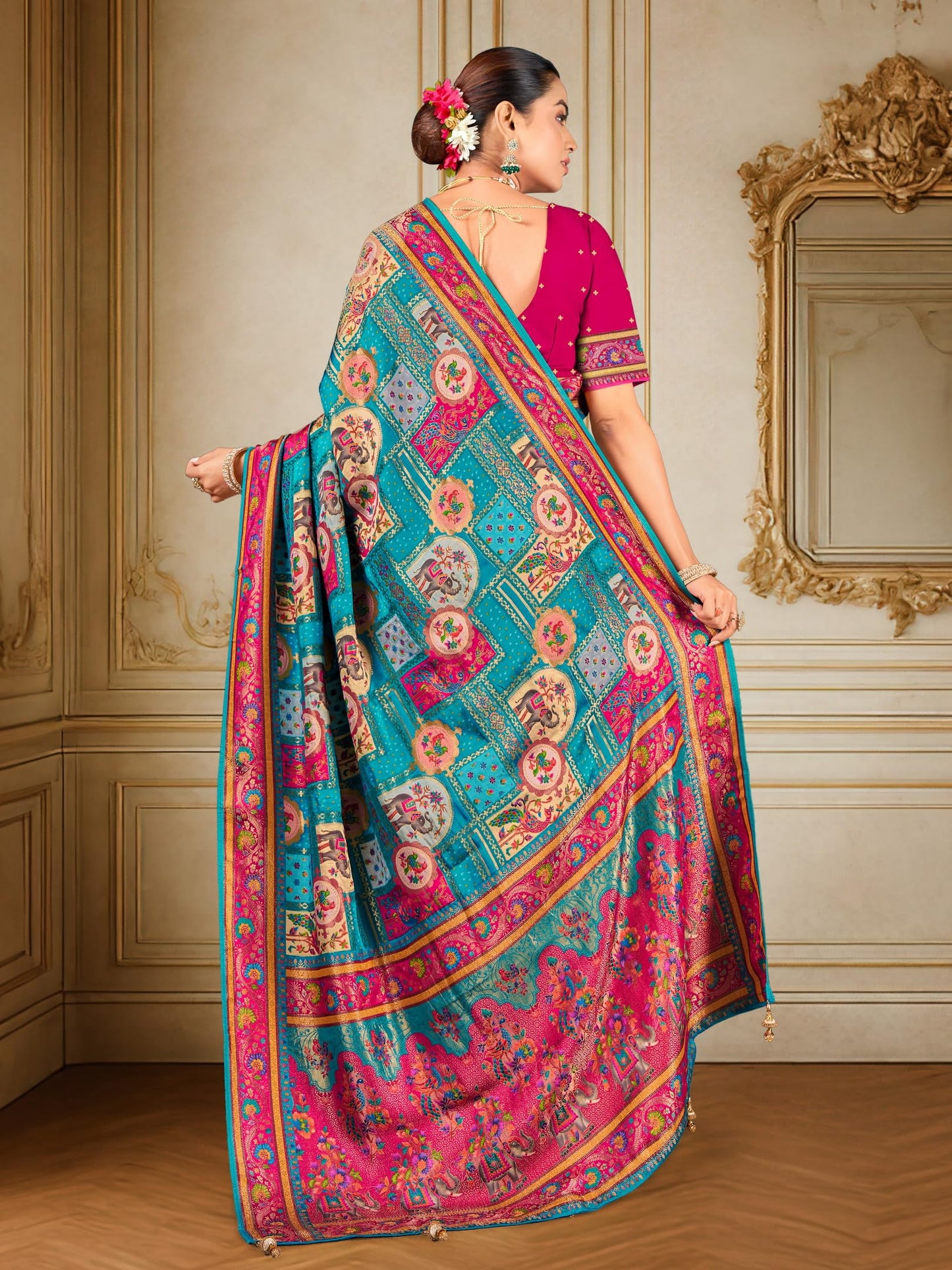 Glory Sarees Women’s Luxurious Dola Satin Pure Silk Original Saree Position Print Work Madhubani Inspired Motifs Banarasi Kanjivaram Style Saree With Blouse Piece (Elegant104_Rama)