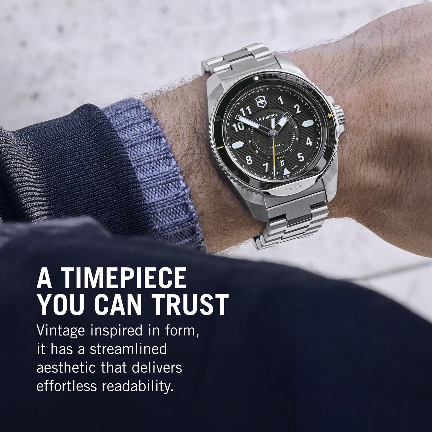 Victorinox Stainless Steel Journey 1884, Automatic Swiss Made Men's Analog Watch, Black Dial, 43 Mm, Water Resistant Up To 200 M, Sellita Sw 200-1 Movement, Wrist Watch For Men | 241981,Silver Band