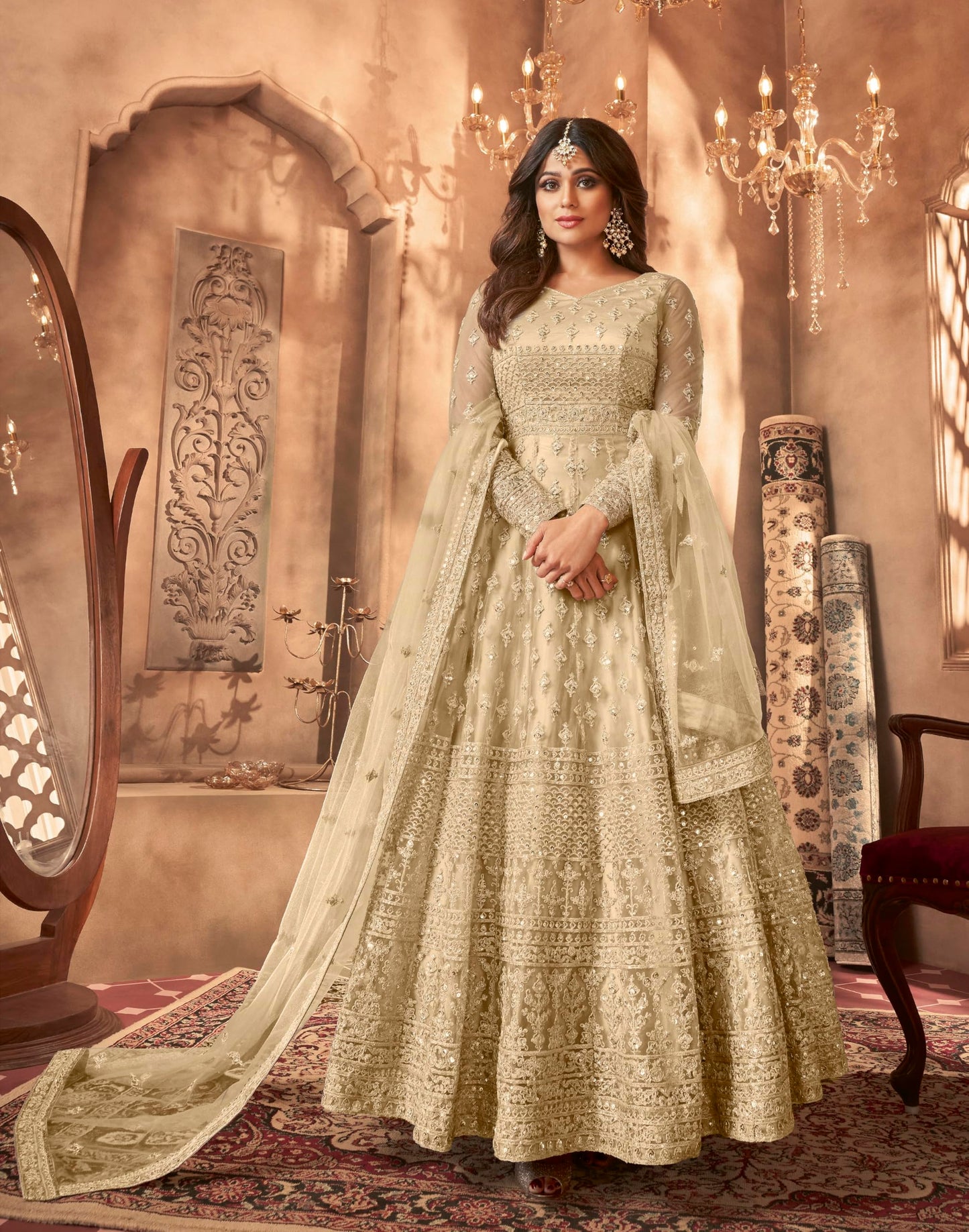 Divine International Trading Co Women's Net With Heavy Embroidery Work Long Anarkali Gown Salwar Suit Dupatta (Unstitched_SanjanaO-8396-Cream)