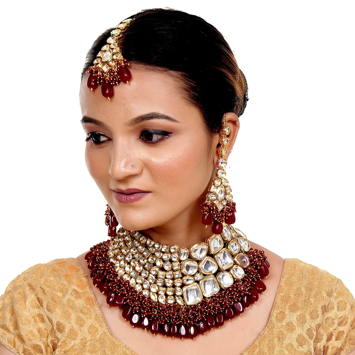 Lucky Jewellery Meenakari 18K Gold plated Maroon color Uncut dibbi Kundan Combo Necklace Set
