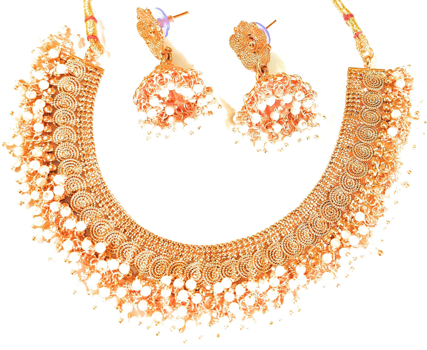 YouBella Jewellery (Pair) for Women: Gold Plated Pearl Studded Traditional Temple Necklace Set + Traditional Pearl Studded Gold Plated Bangles