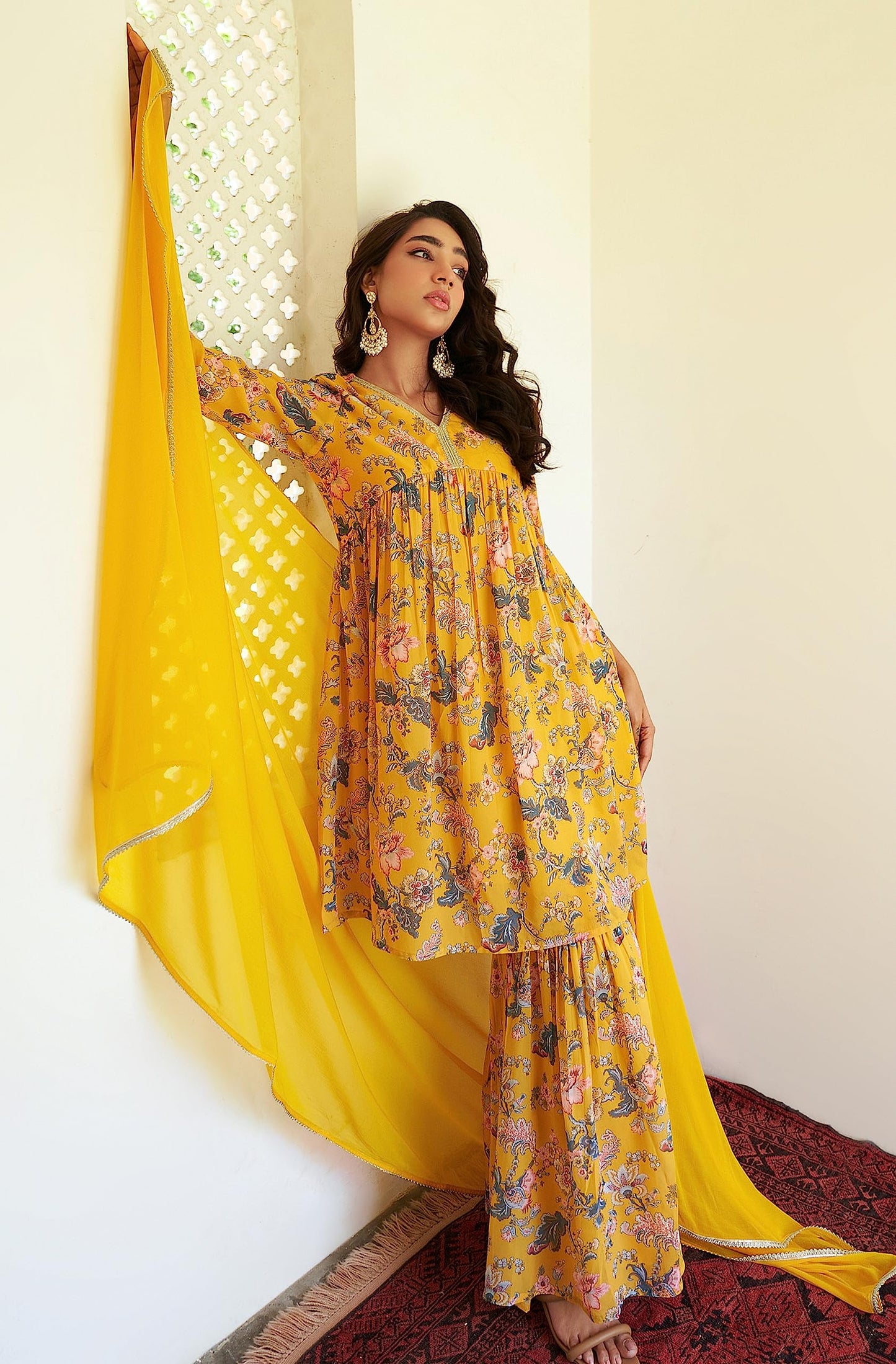 Janasya Women's Yellow Georgette Digital Floral Printed Kurta with Sharara and Dupatta(SET754-KR-SHA-XS)
