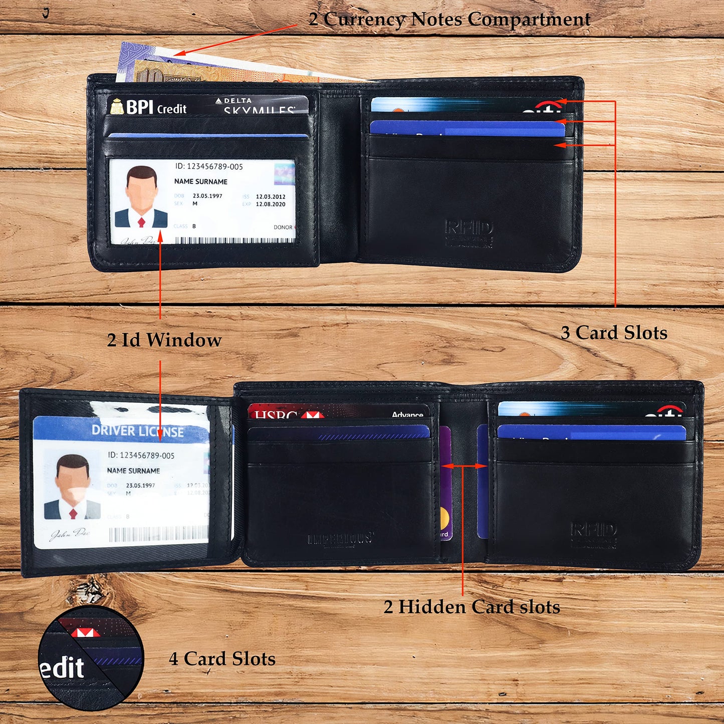 IMPERIOUS - THE ROYAL WAY Imperious Men's Genuine Leather Bi-Fold Rfid Wallet (Black)
