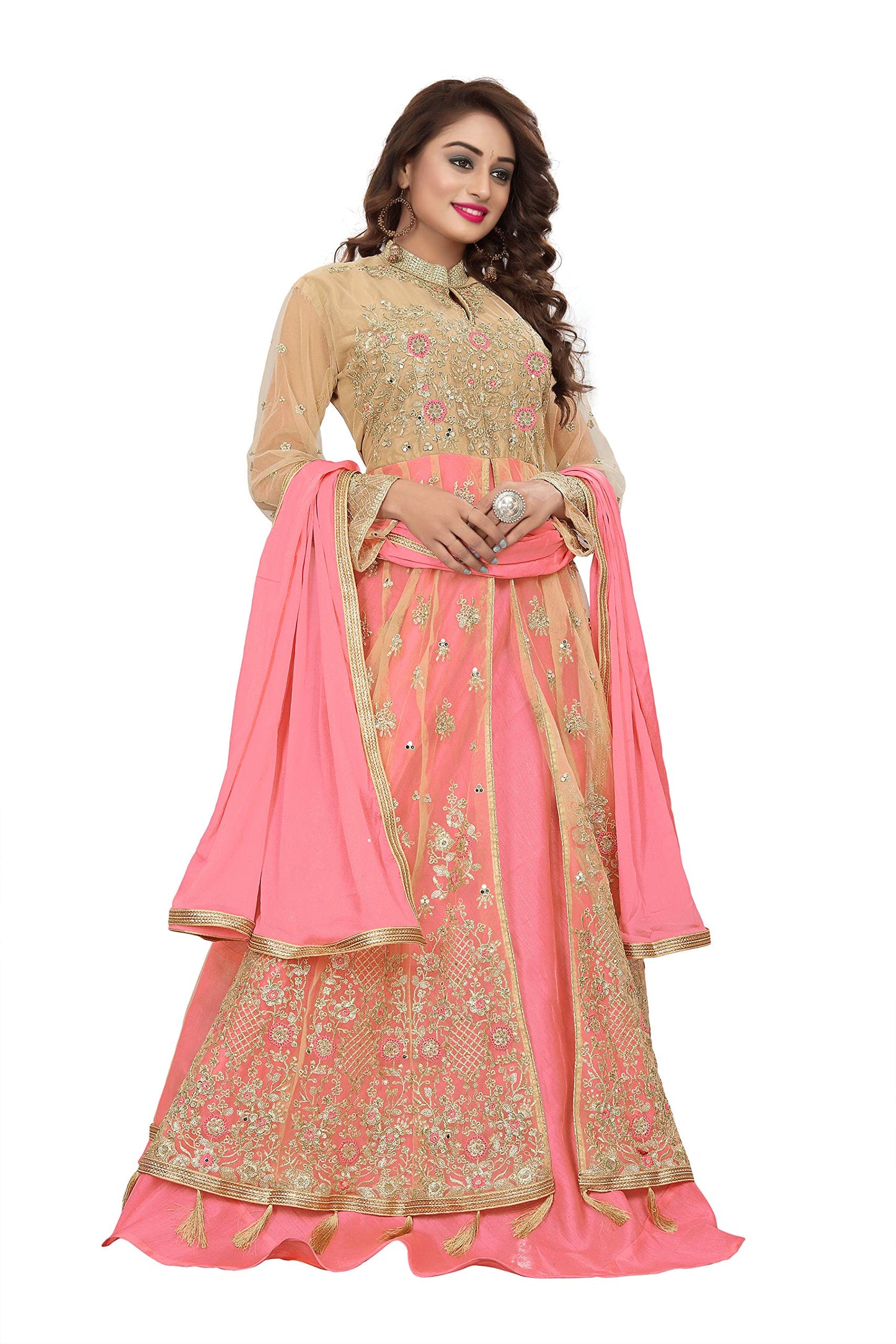 RUDRAPRAYAG Women's Net and Santoon Anarkali Floor Length Gown (5407; Gajjari; Free Size) Pink