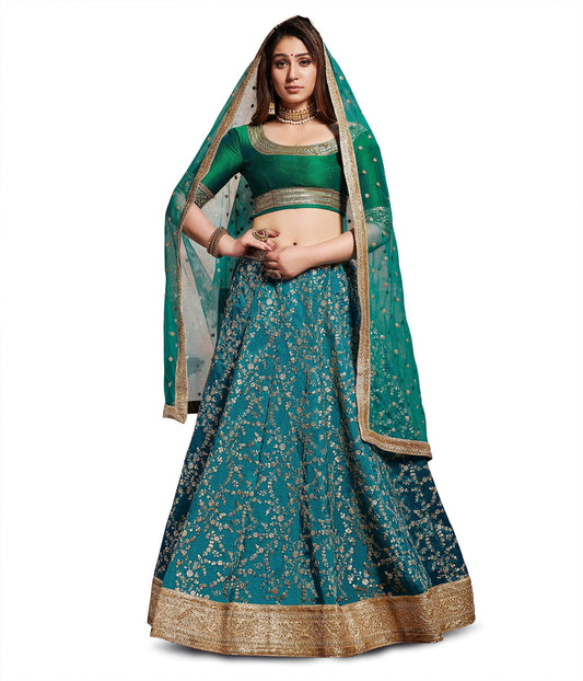 Zeel Clothing Women's Art Silk Semi Stitched Lehenga Choli with Dupatta (7048-Green-New-Bridal-Wedding Free Size)